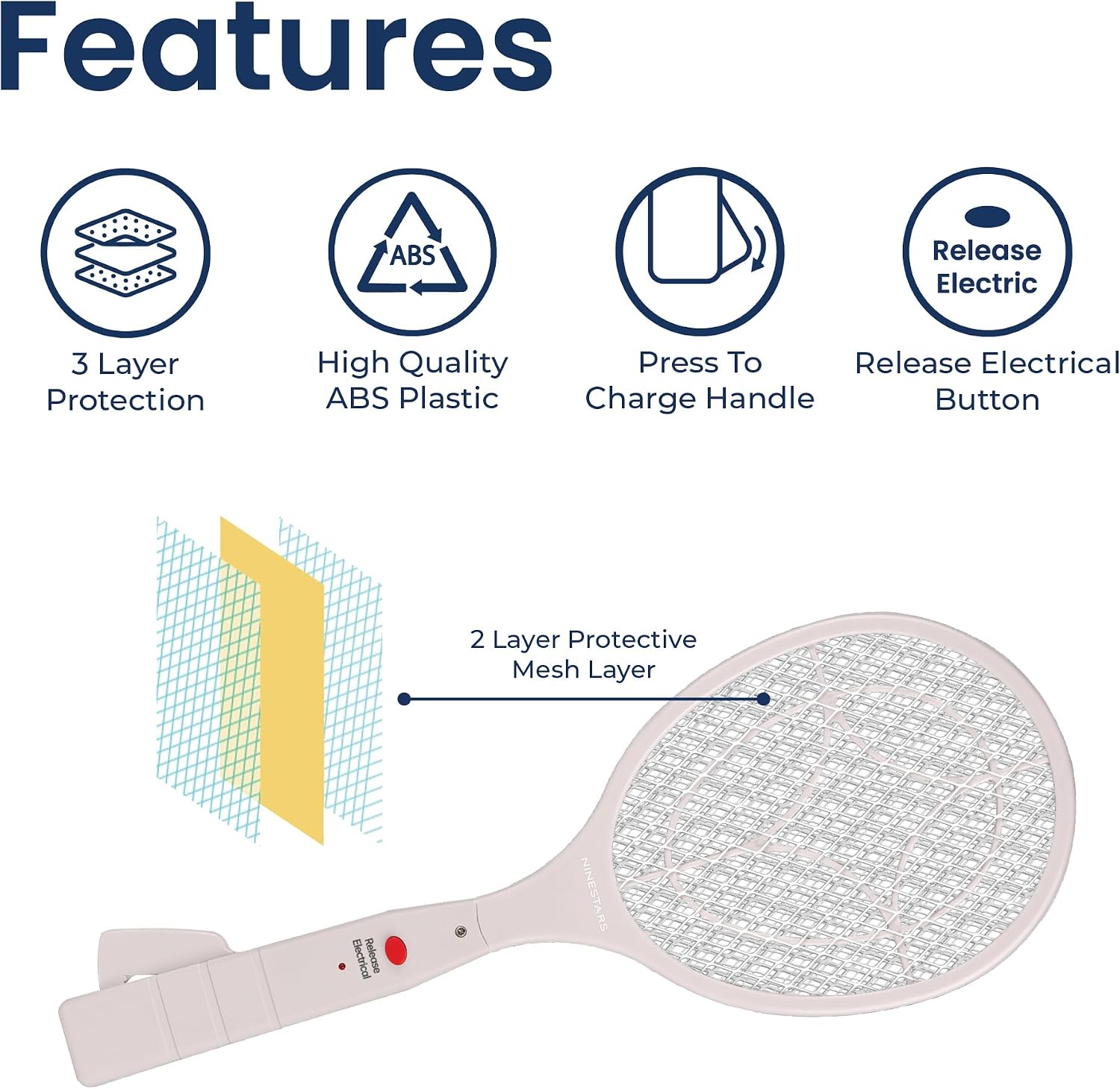 Ninestars Battery-Free Electric Mosquito Fly Swatter, Ergonomic Press-to-Charge Design with ABS Body and Triple-Layer Safety Mesh White