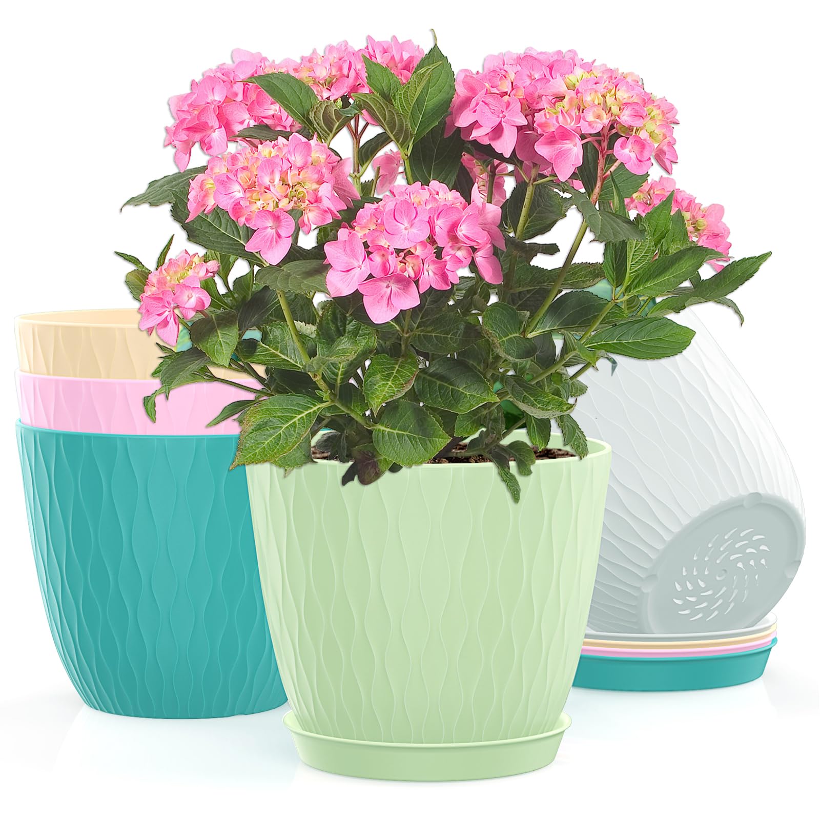 Macetas de 6 pulgadas para plantas con agujeros de drenaje y platillo, paquete de 5 macetas de plástico para plantas de interior para plantas al aire libre, decoración del hogar, macetas de