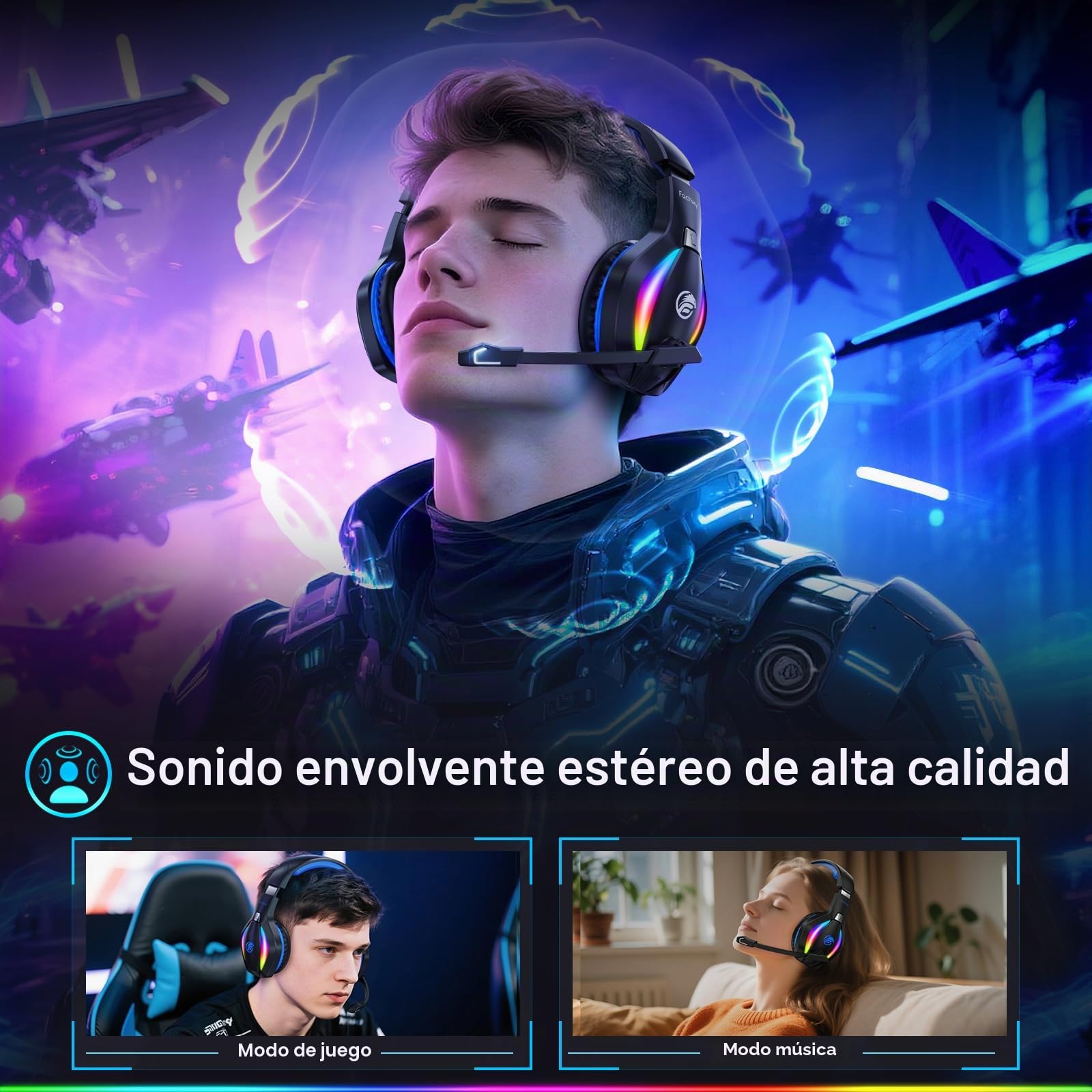 Fachixy FC100 - Auriculares inalámbricos con micrófono, 2,4 G, para PS5, PS4, PC, Switch, Mac, Sonido Envolvente, Bluetooth, Auriculares inalámbricos con luz LED, más de 50 Horas de duración de la