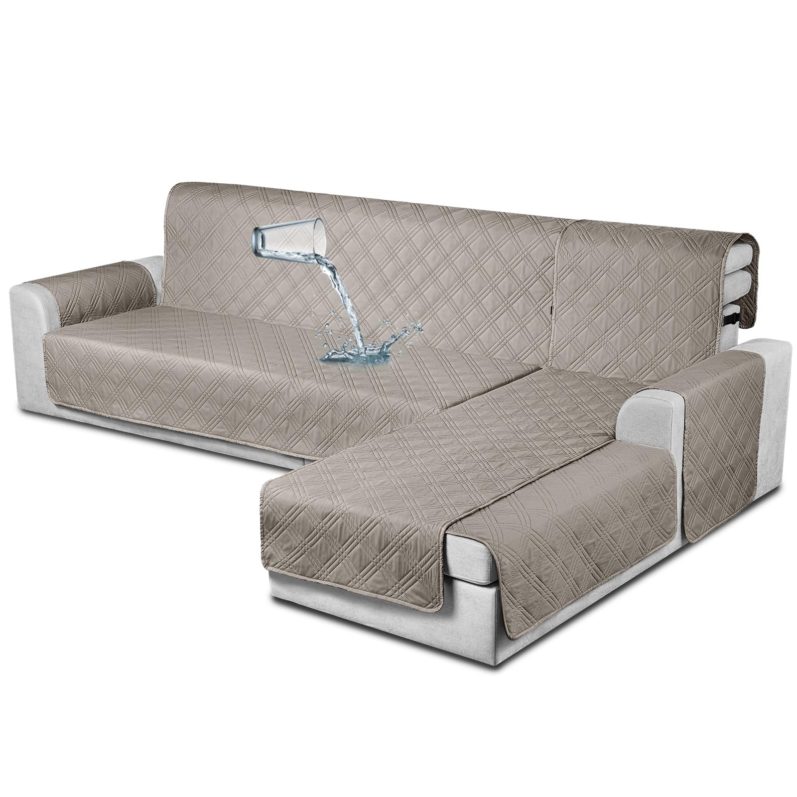 TAOCOCO Reversible Sectional Couch Covers,2 Seater L Chair Covers,3-Piece Reversible Waterproof Sofa Covers for Pets Kids,Corner Sofa Couch Protector With Elastic Straps(Khaki) — image 1