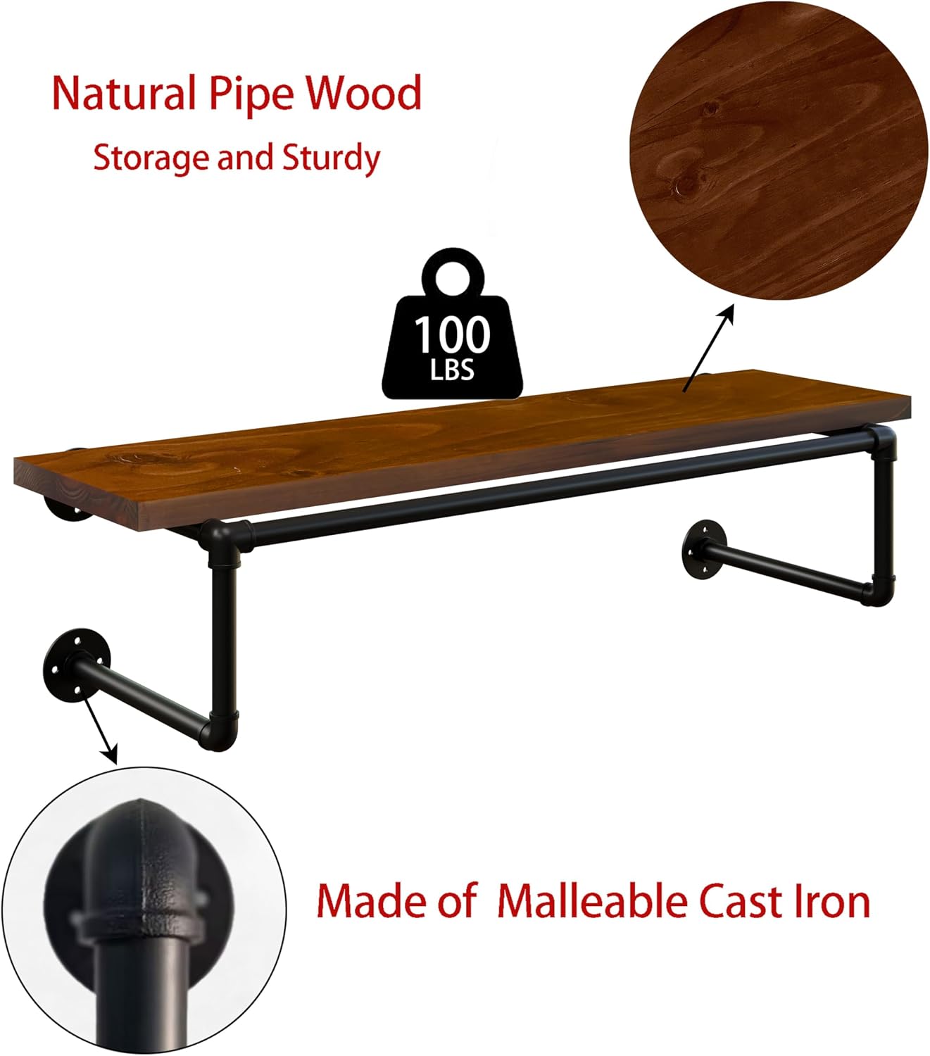 Clothes Rack 36in, Wall Mounted Garment Racks with Real Walnut Wood Shelves, Heavy Duty Hanging Clothes Rack, Multi-Purpose Hanging Rod, Space-Saving Closet Storage image 3