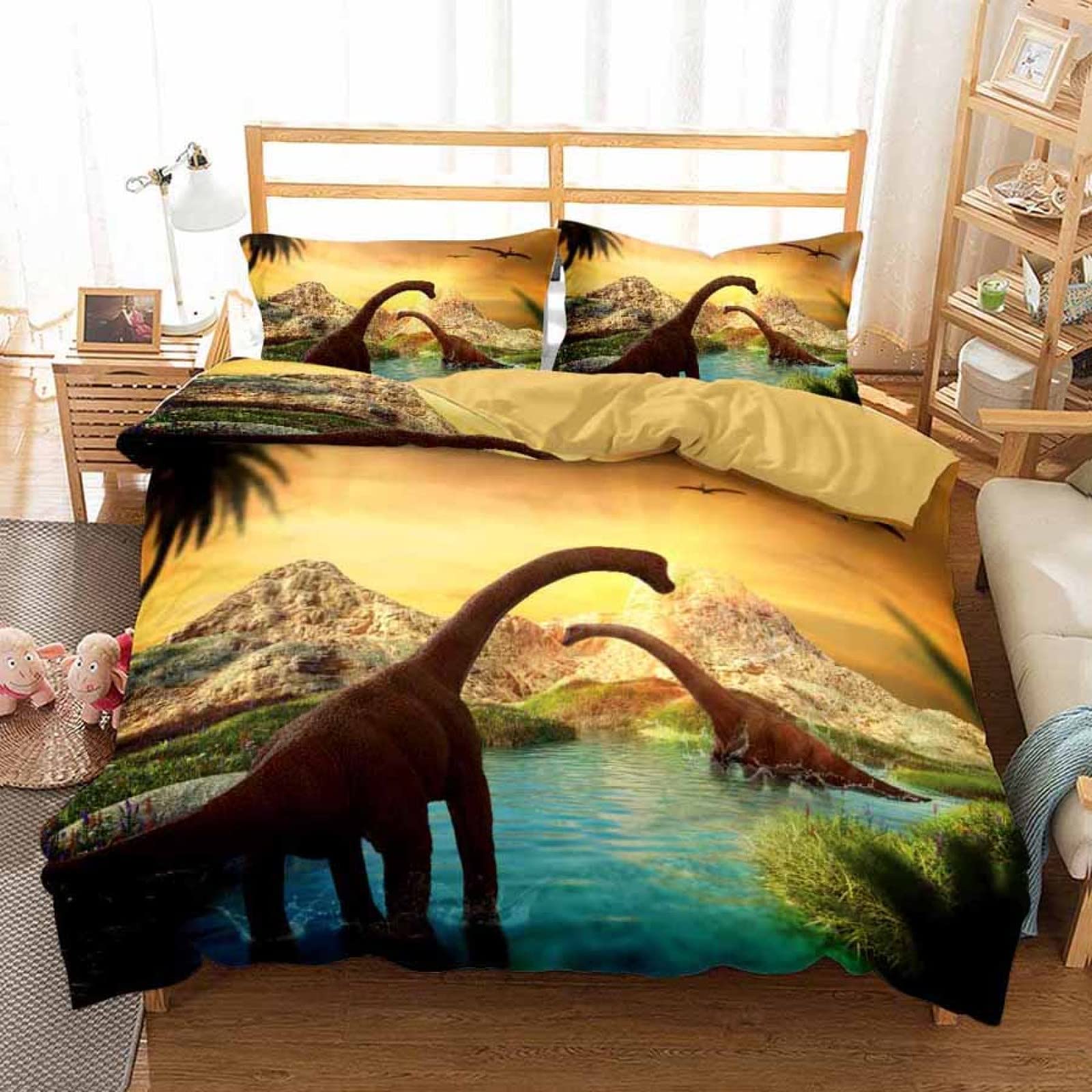 Housse de couette 140x200 dinosaure jaune parure de lit enfant microfibre avec fermeture éclair