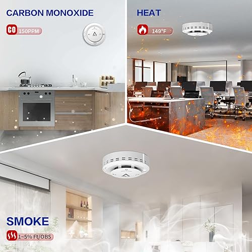 Miniatura 3 de Detector de humo y monóxido de carbono y calor 3 en 1, alarma de COhumotemperatura, batería de 10 años, alerta de voz de 85 dB, ABS a prueba de