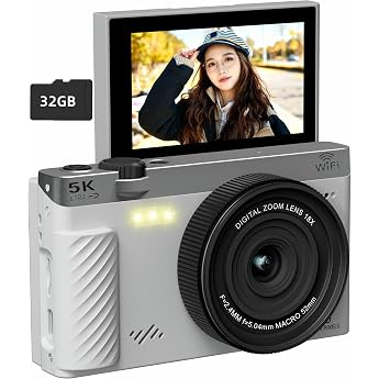 Digital Camera, 5K Recording, 75 Million Pixels, Transmits to Smartphones, Wi-Fi Function, Digital Camera, 180  Rotating Display, 3.0 Inch Large Screen, 18x Digital Zoom, Auto Focus, Continuous