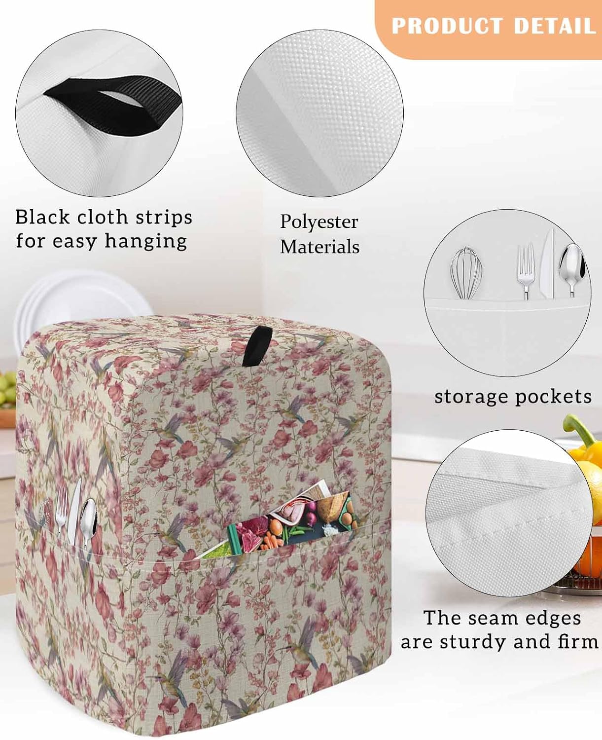Pink Beige Flowers Stand Mixer Cover with Storage Pocket, Waterproof Kitchen Mixer Covers, Spring Floral Elegant Pastoral Rustic Kitchen Appliance Dust Cover Compatible with 5-8 Quart Mixers