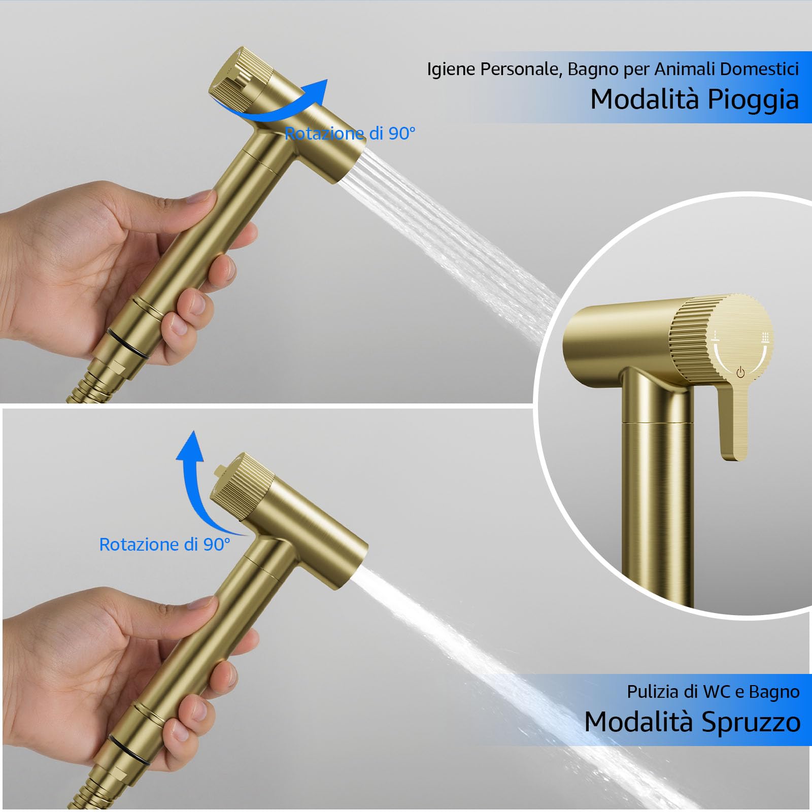 Kit Doccetta per Bidet, 2 modalità Spruzzatore per WC con 1.2m Tubo Flessibile Acciaio Inox e Supporto, Kit Doccetta a Mano Ottone per Bidet, Igiene Personale e Animale, G1/2, Oro