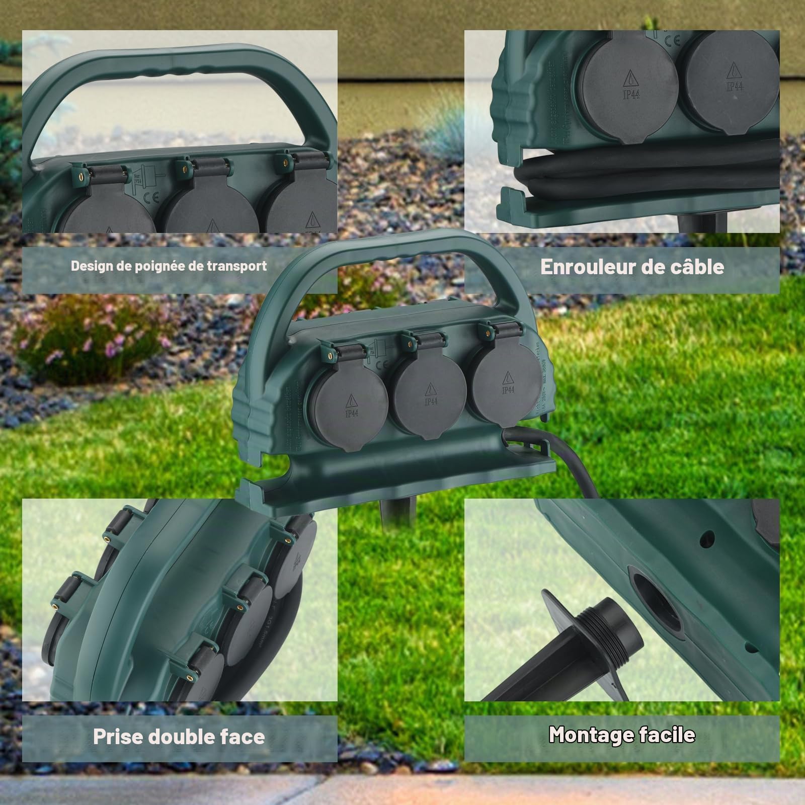 Multiprise de jardin 6 prises IP44 avec poignée de transport et piquet de terre, prise extérieure étanche avec câble en caoutchouc H07RN-F pour l'extérieur (5 m, vert)