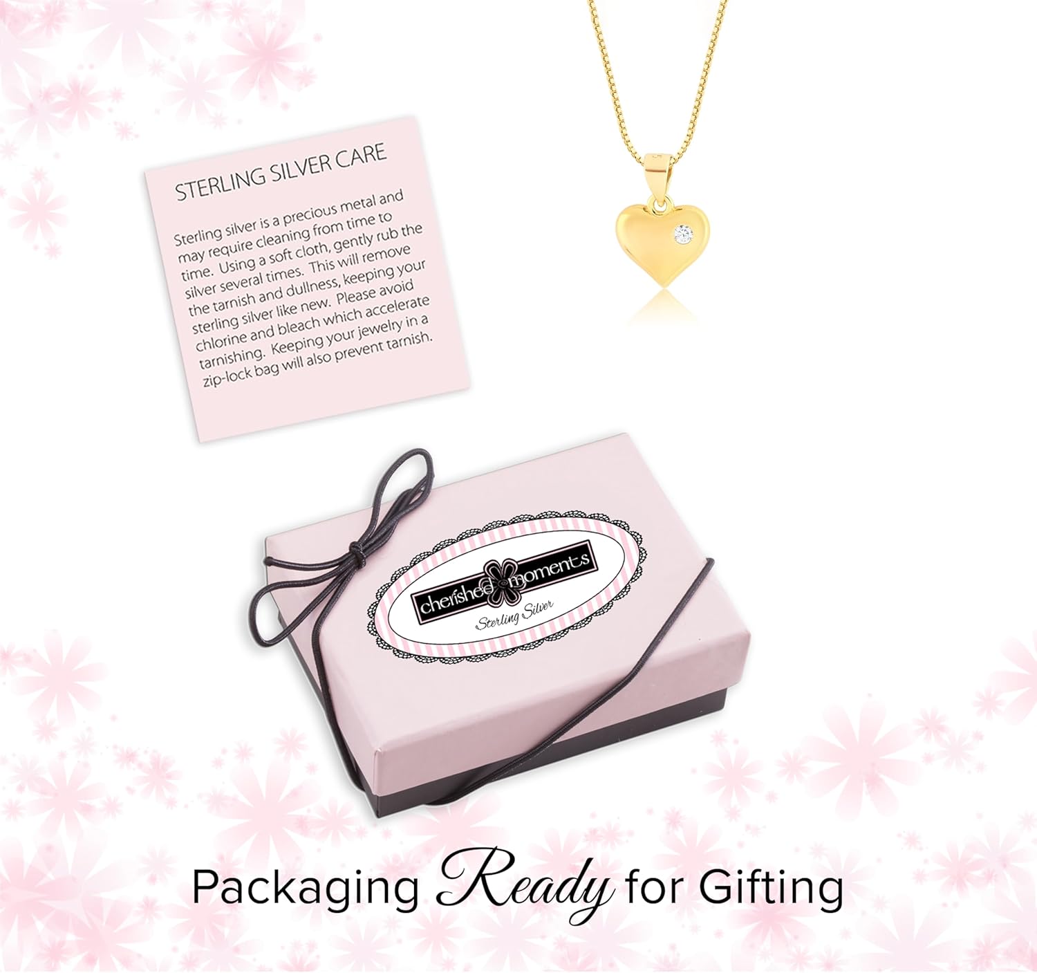 Cherished Moments Girl's 14k Gold Plated over 925 Sterling Silver Puff Heart Necklace Accented with a Clear CZ Stone - Image 5