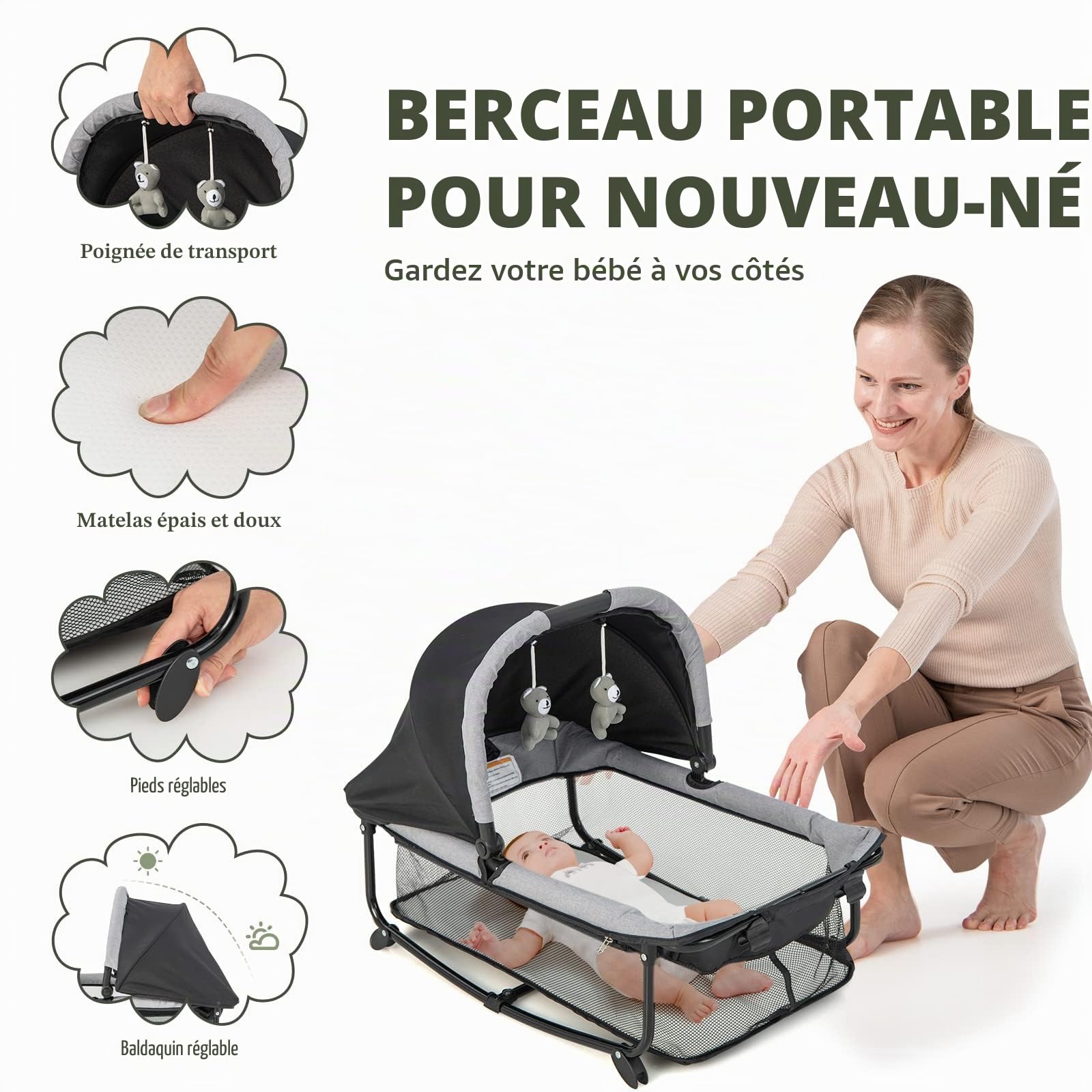 LIFEZEAL Lit Parapluie Bebe avec Matelas en PP et Tube de Fer, Lit Bébé Evolutif avec Table à Langer et Berceau, Lit Pliable avec Sac, Charge de 15 KG, 0-36 Mois, 110x78x78 CM (Noir, 110x78x78 CM)