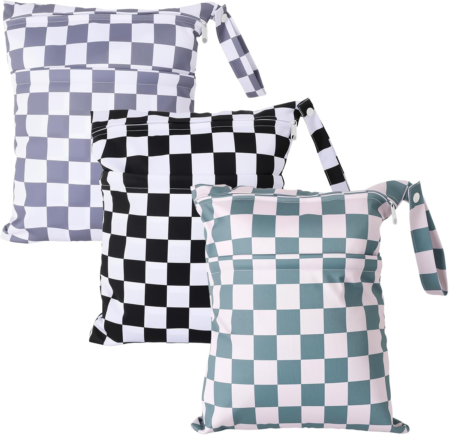 3pcs Cloth Diaper Wet Dry Bags Waterproof Reusable with Two Zippered Pockets Travel Beach Pool Daycare Soiled Baby Items Yoga Gym Bag for Swimsuits or Wet Clothes-Black,Grey Checkers
