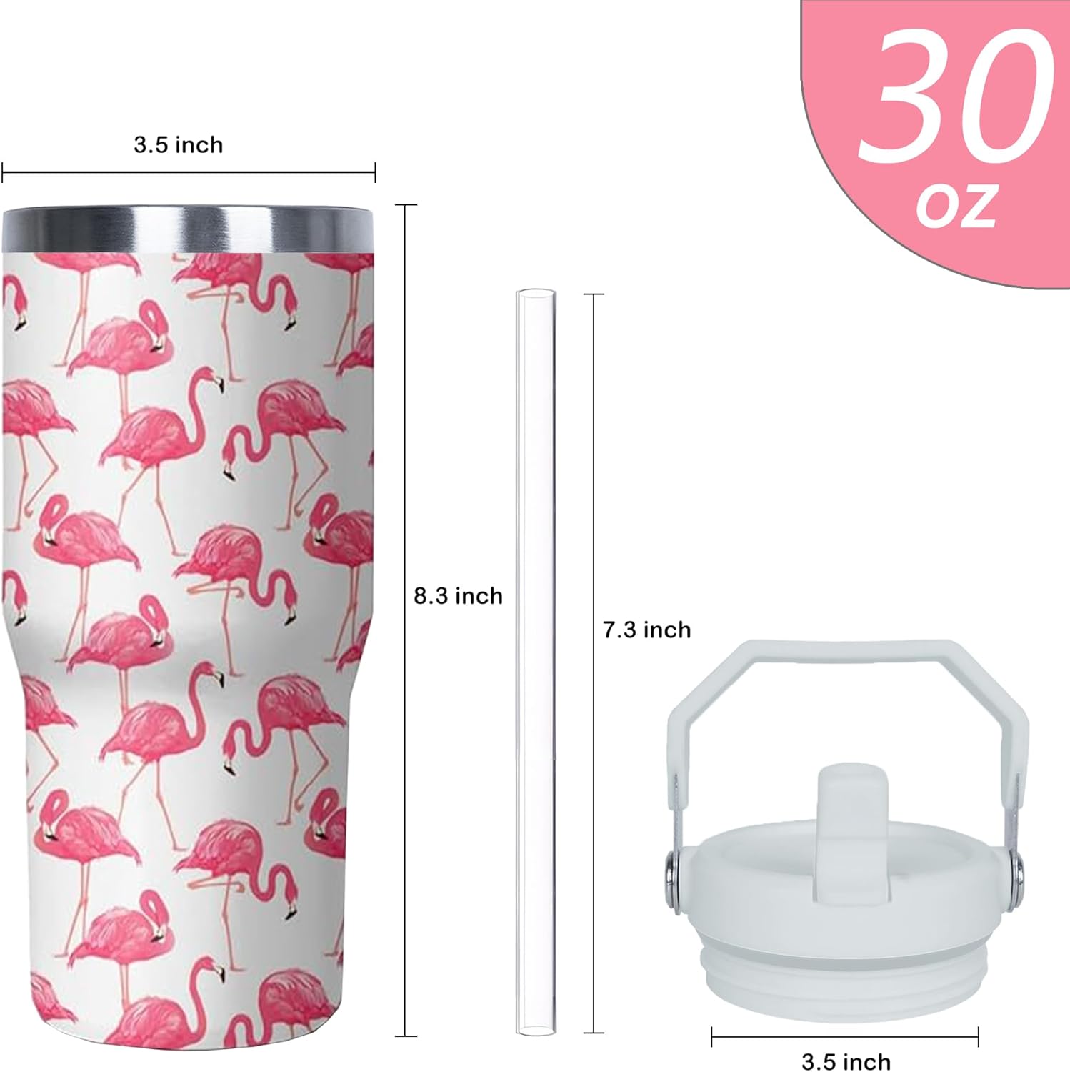 30 oz Cute Flamingo Tumbler with Handle and Straw, Stainless Steel Double Insulated Cup with Flip Straw, Travel Coffee Mug Water Bottle,Christmas Birthday Mothers Day Gifts for Women Animal Lovers - Image 2