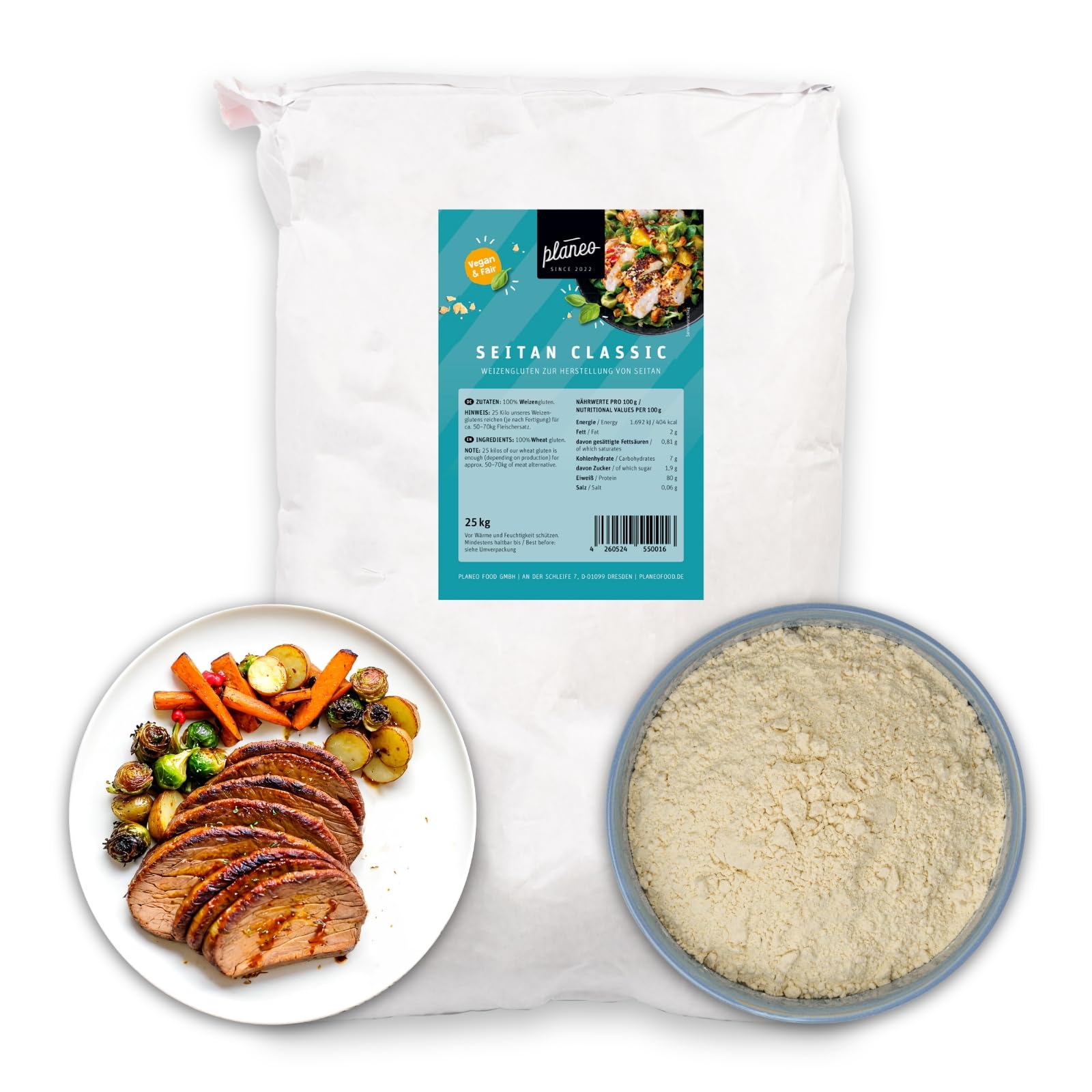 Planeo Seitan Classic 25 kg – Traditioneller Fleischersatz mit hohem Eiweißgehalt, ideal für vielseitige Gerichte, Weizengluten, gentechnikfrei