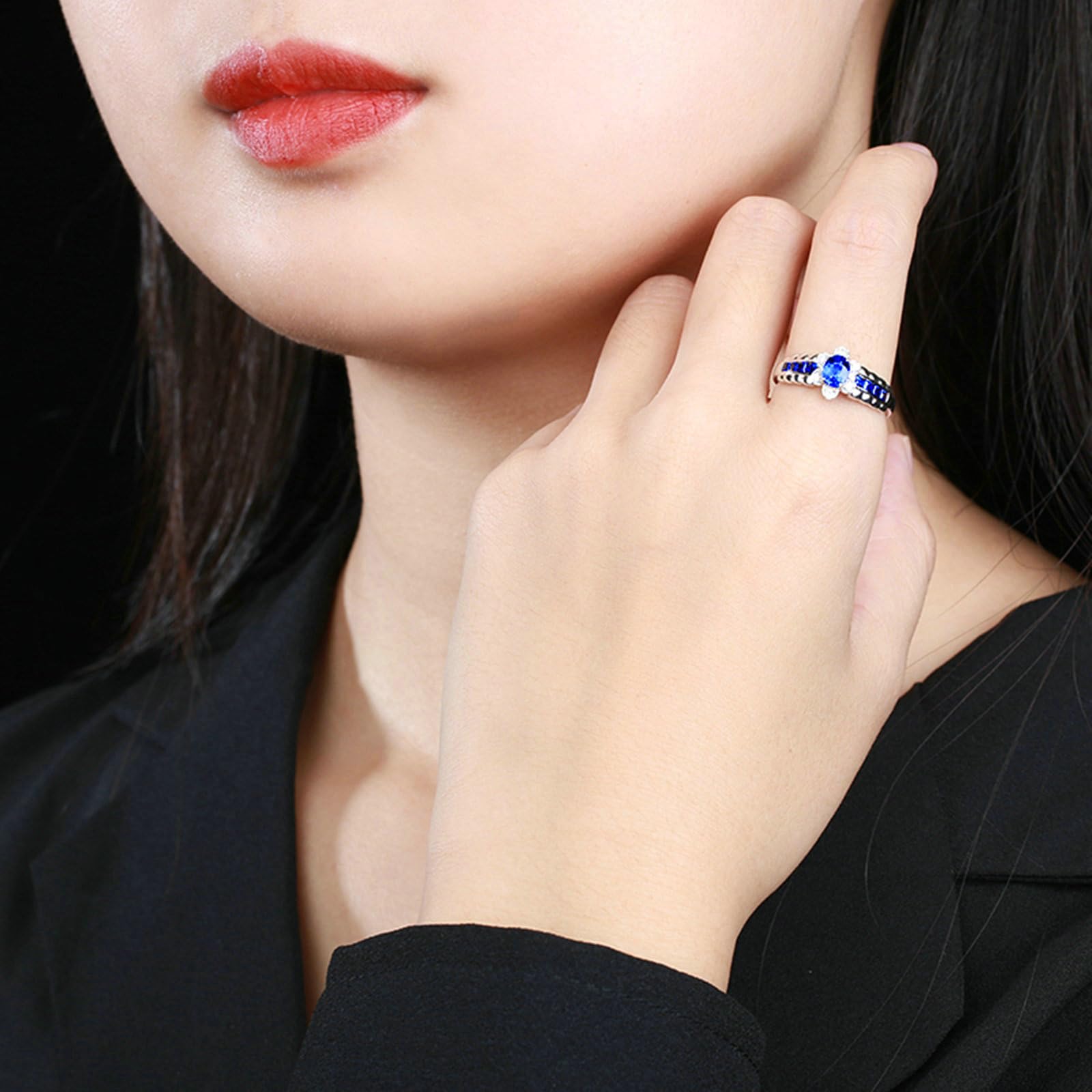 Anello Oro Bianco Donna 14K, Anelli Fidanzamento Donna Elegante Fiore Zaffiro Blu Sintetico da 1.04ct e Moissanite da 0.06ct Anello per Mamma, Fidanzata, Sposa Oro Bianco