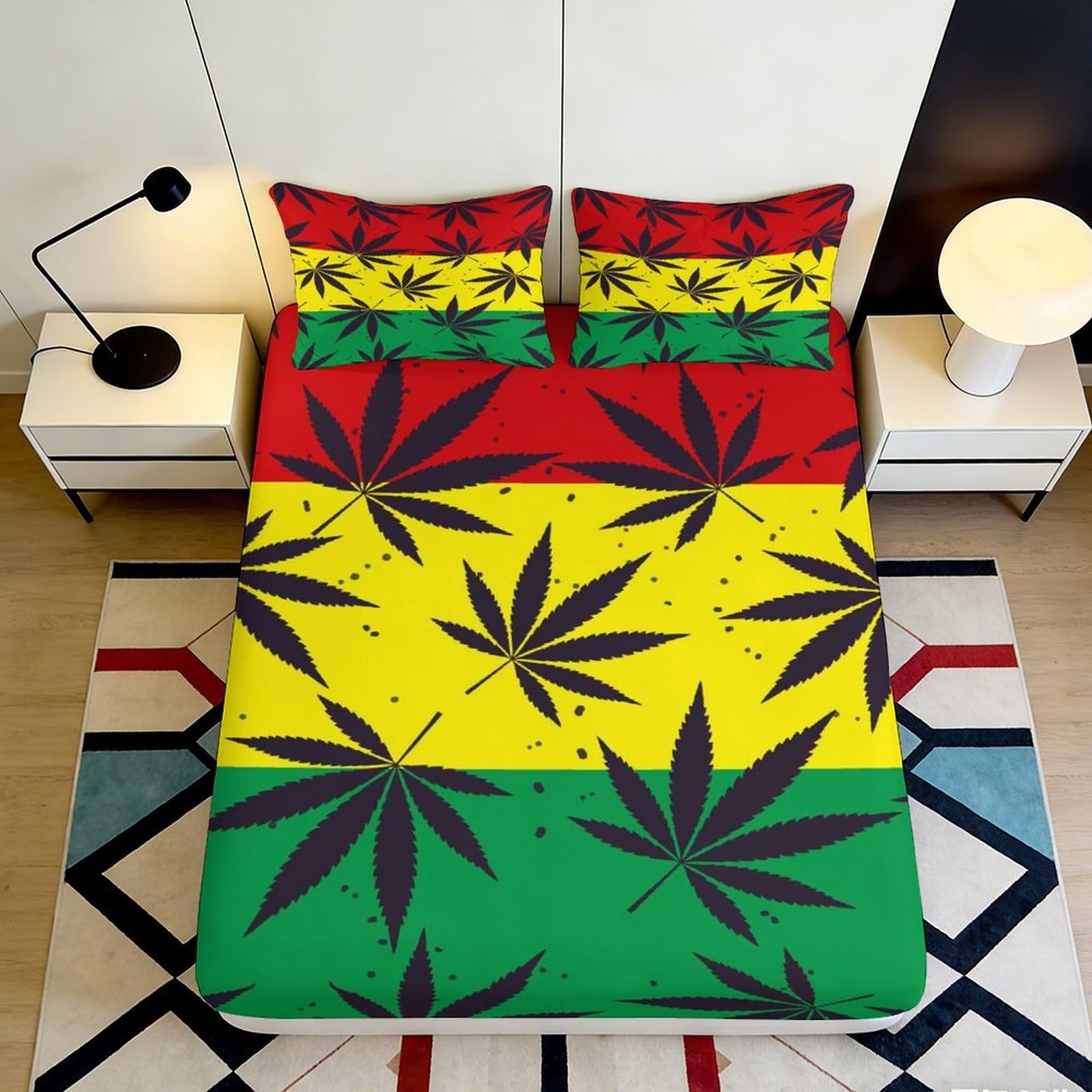 3D Printed Reggae Leaf Fitted Sheet Microfiber Soft Breathable Rasta Color Mattress Cover for Bedroom Dorm Decor 90x200x25cm