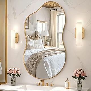 Comprar Clevich Espejo de Pared Irregular con Aluminio - único diseño de Marco en Forma de Nube - Espejos Decorativos de Pared Elegante y Moderno - para Sala de Estar, baño, Dormitorio (Dorado, 66x116cm)