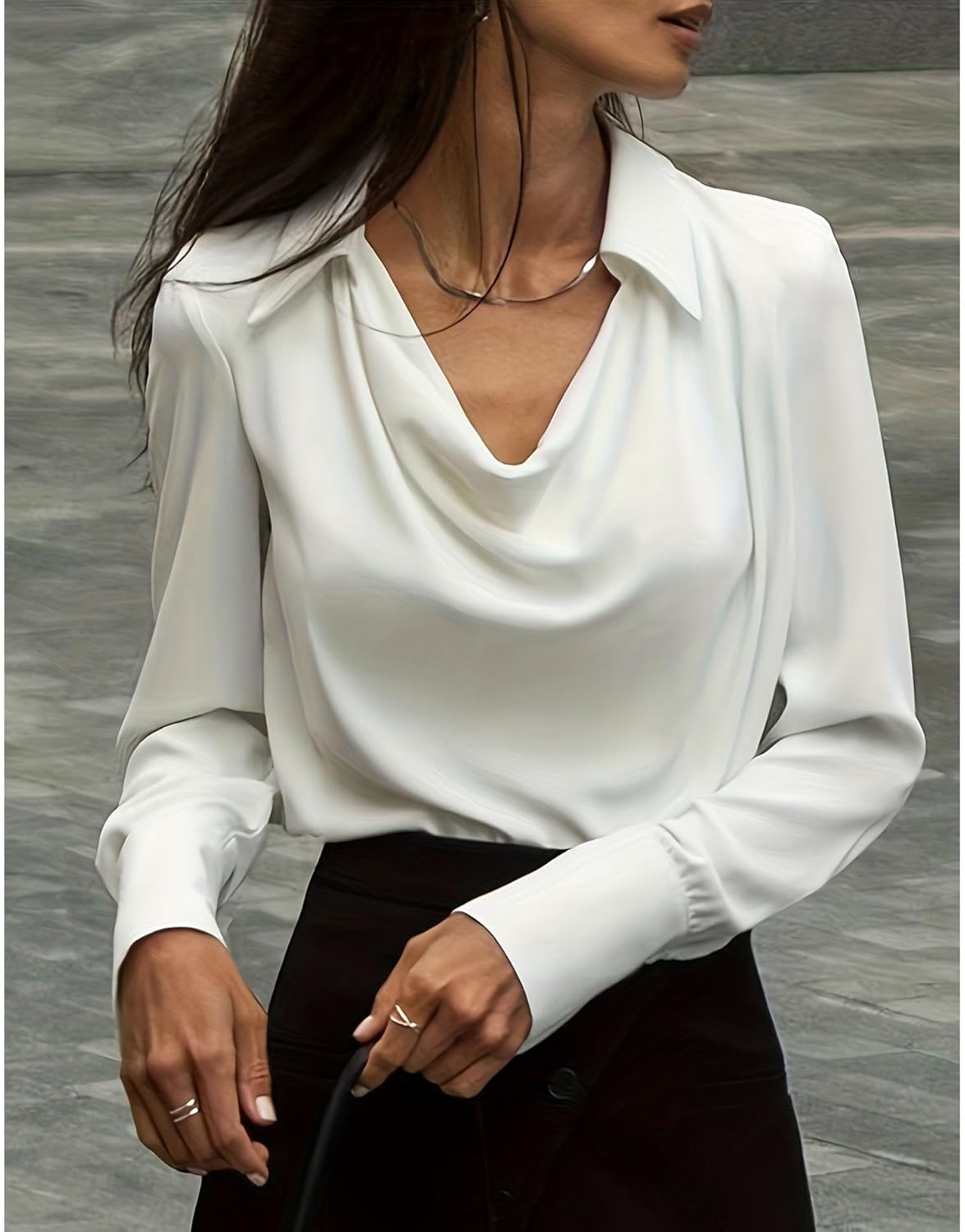 SOMTHRON Women's Elegant Satin Silk Blouse Cowl Neck Ruched Front Draped Long Sleeve Work Office Shirt Top - Image 2