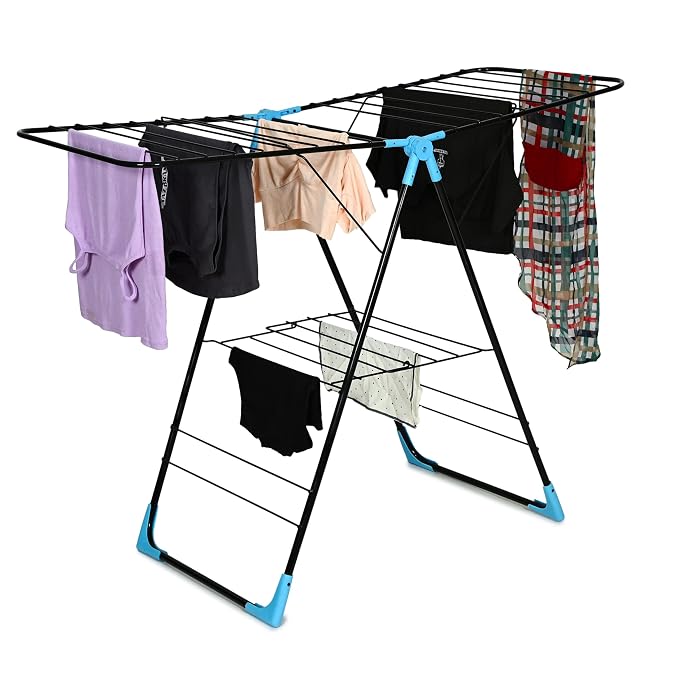 FLIPZON AeroDry Pro Foldable Clothes Drying Stand | Heavy Duty Laundry Drying Rack with Expandable Wings | Rust Resistant | Space Saving Indoor & Outdoor | Black & Blue