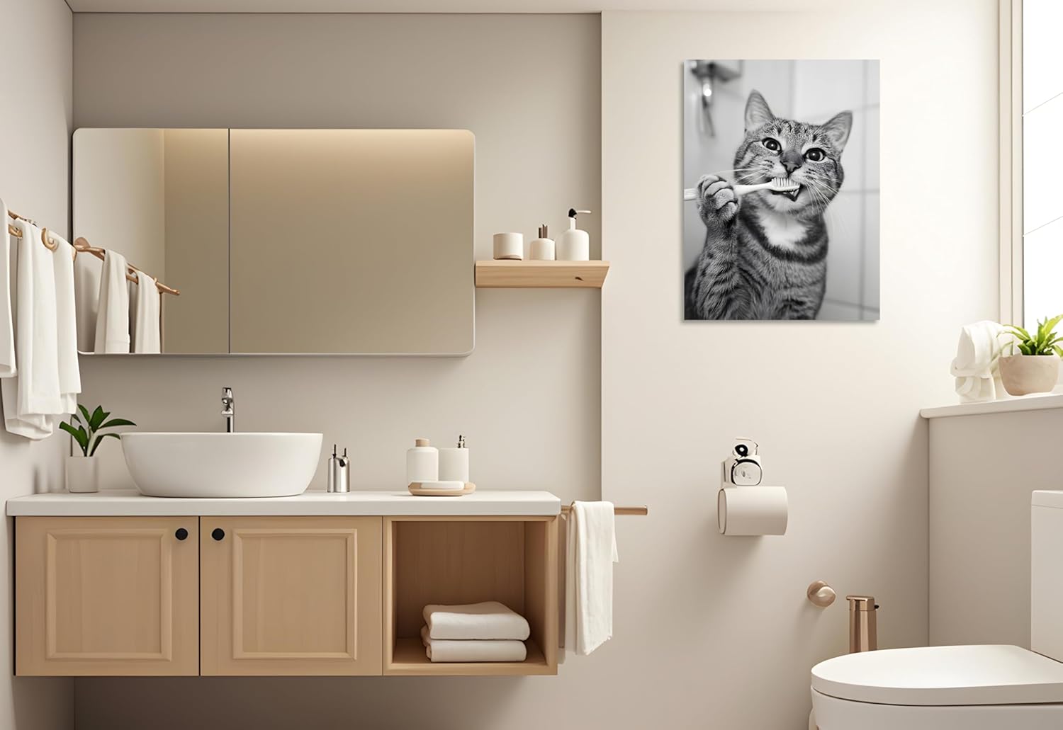 OWNANRTHM Cat Bathroom Canvas Wall Art Funny Animal Bathroom Wall Art Cat Brushing Teeth Bathroom Painting Black and White Animal Bathroom Pictures for Bathroom Restroom Wall Framed 16X20 inch