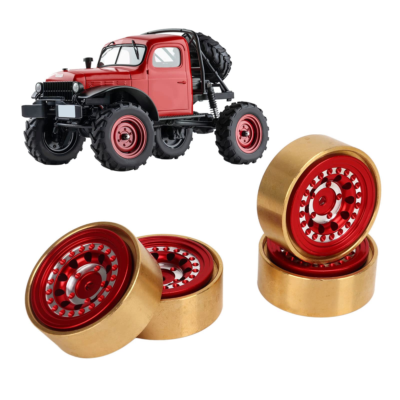 plplaaoo RC Beadlock Wheels Profesjonalny blok obciążnika koła ze stopu aluminium z mosiądzu do FMS FCX24 1/18 1/24 RC Car 4-częściowy zestaw z kluczem w zestawie (czerwony)