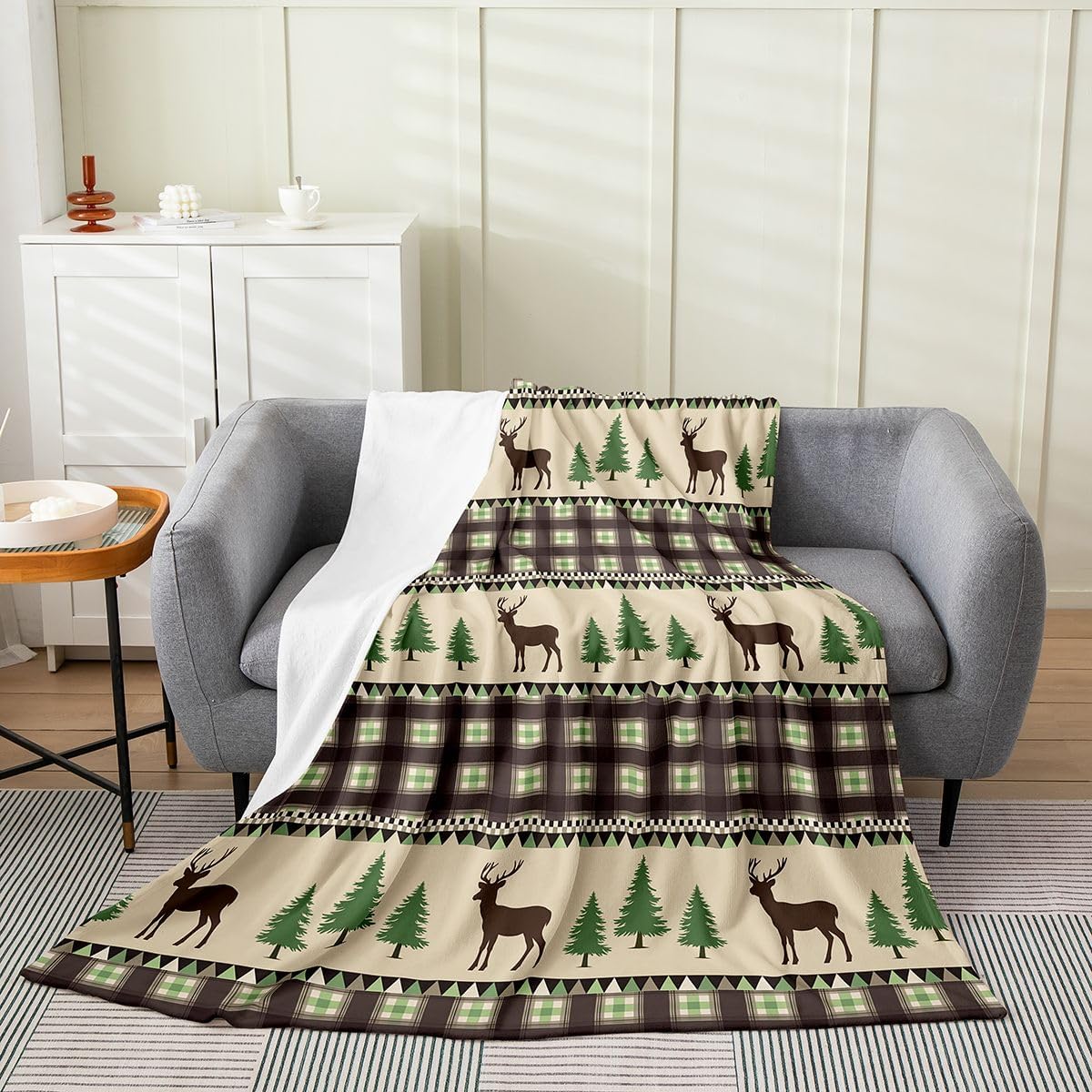 Castle Fairy Deer Pine Tree Fleece Blanket,Green Brown Plaid Stripe Throw Blanket for Kids,Rustic Farmhouse Christmas Xmas Lightweight Blanket for Sofa, Queen (90 x 90 Inch)
