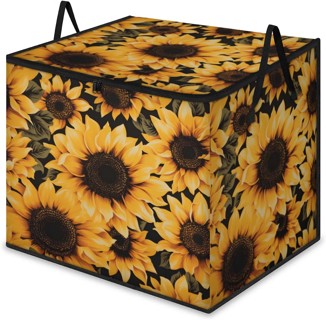 Honeybaby 214L Extra Large Comforter Storage Bag Sunflowers Summer Storage Totes with Lids Waterproof Closet Organizer Folding Blanket Storage Bags for Clothes Bedding Pillows
