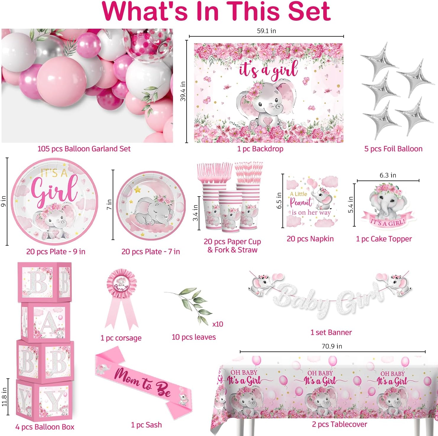 Cocomigo 254pcs Baby Shower Girl Decorations, Elephant Baby Shower Decorations Include 300gsm Plates Elephant Balloon Arch Backdrop Tablecloths Balloon Box and Banner for Girl