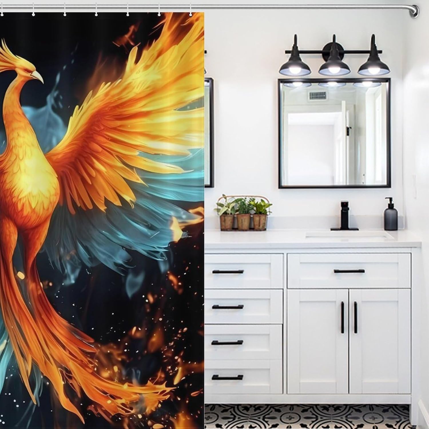 Water Ice and Fire Rising Phoenixes Funny Shower Curtains Washable Bath Curtain Liner with Hooks for Bathroom Bath Tubs