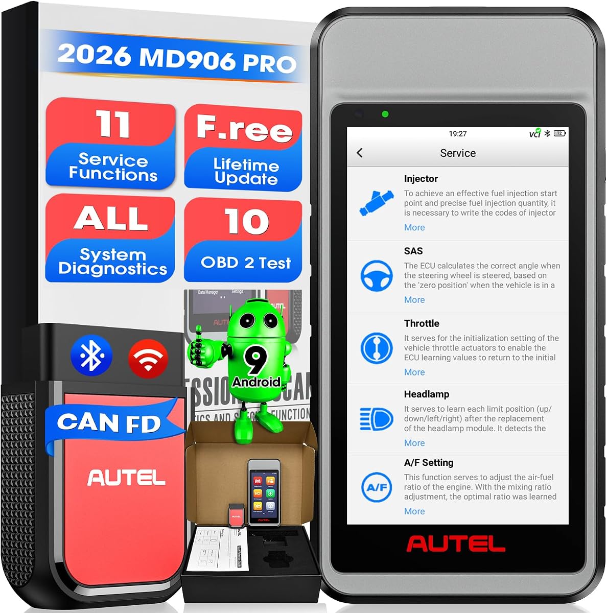 Escáner Autel MaxiDiag MD906 PRO, herramienta de escaneo de diagnóstico OBD2 para todos los sistemas 2026 | 33 pies BT Lite de MK808S MX808S, V2.0 CAN FD, 11 funciones de reinicio, igual que MD909 PRO hasta MD808 Pro MD806, FCA, actualizaciones gratuitas