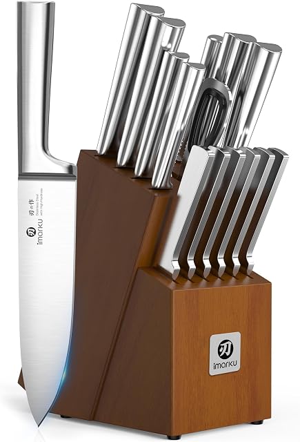 Imarku 15-Piece Couteau, acier inoxydable haute carbone japonais avec bloc de rasoir Sharp haute carbone en acier inoxydable couteaux, Aiguillage intégré, lave-vaisselle coffre-fort, cadeau pour les cuisiniers à la maison, brun