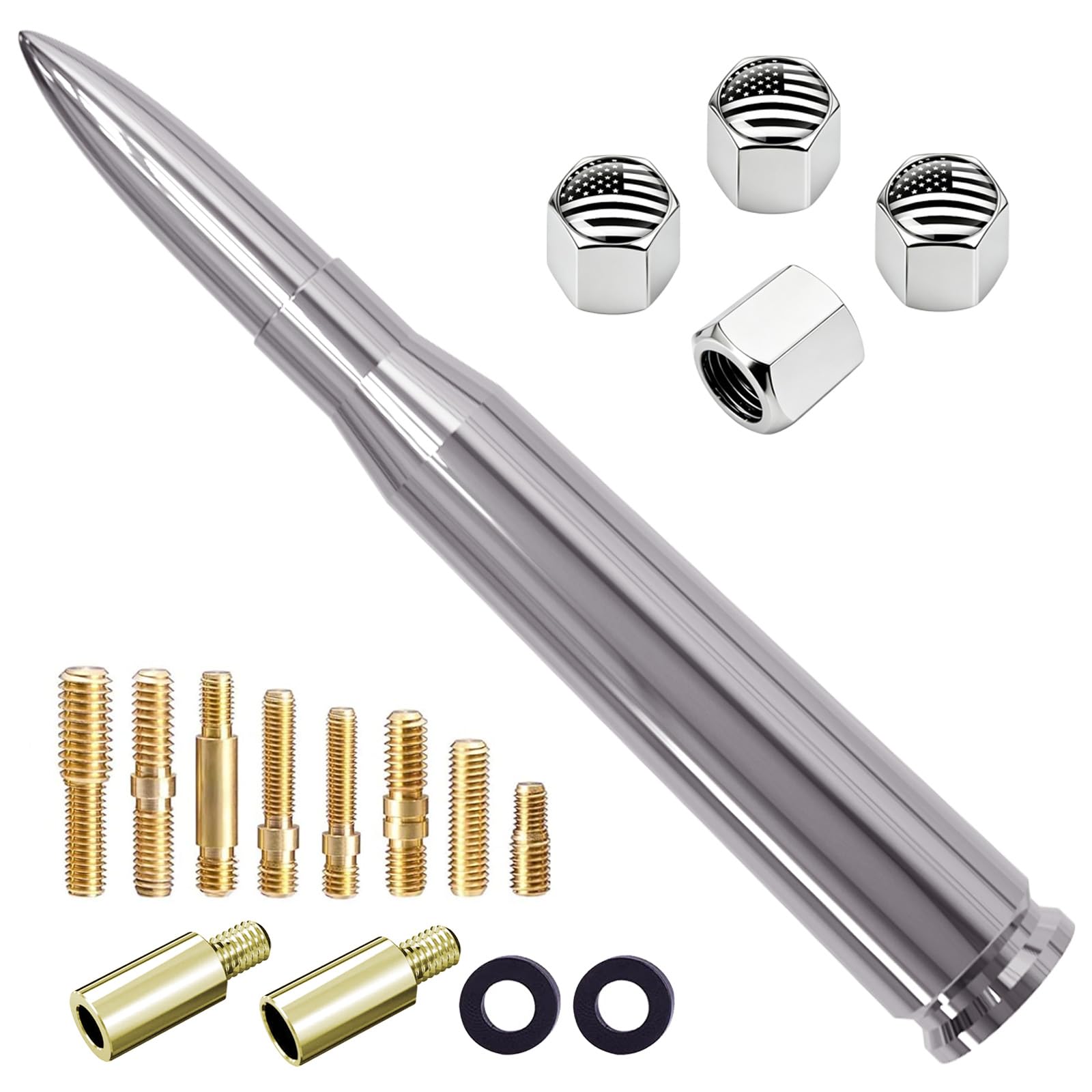Chrome Car Truck Antenna with Valve Stem Caps Vehicle Stubby Replacement Mast for Ford F150 F250 F350 Super Duty Raptor Dodge RAM GMC Sierra Chevy Silverado 1500 2500 3500