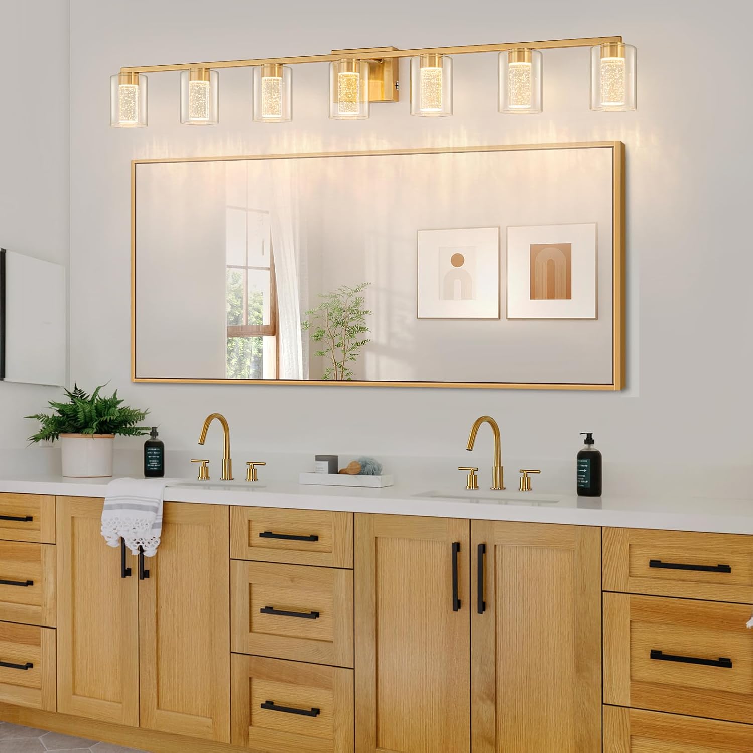 SineRise 7-Light Gold Vanity Light with 3 Color Modes (3000K/4000K/6000K), Eye Protection LED Bathroom Light Fixture, Dimmable Modern Wall Light Over Mirror with Clear Glass Shade