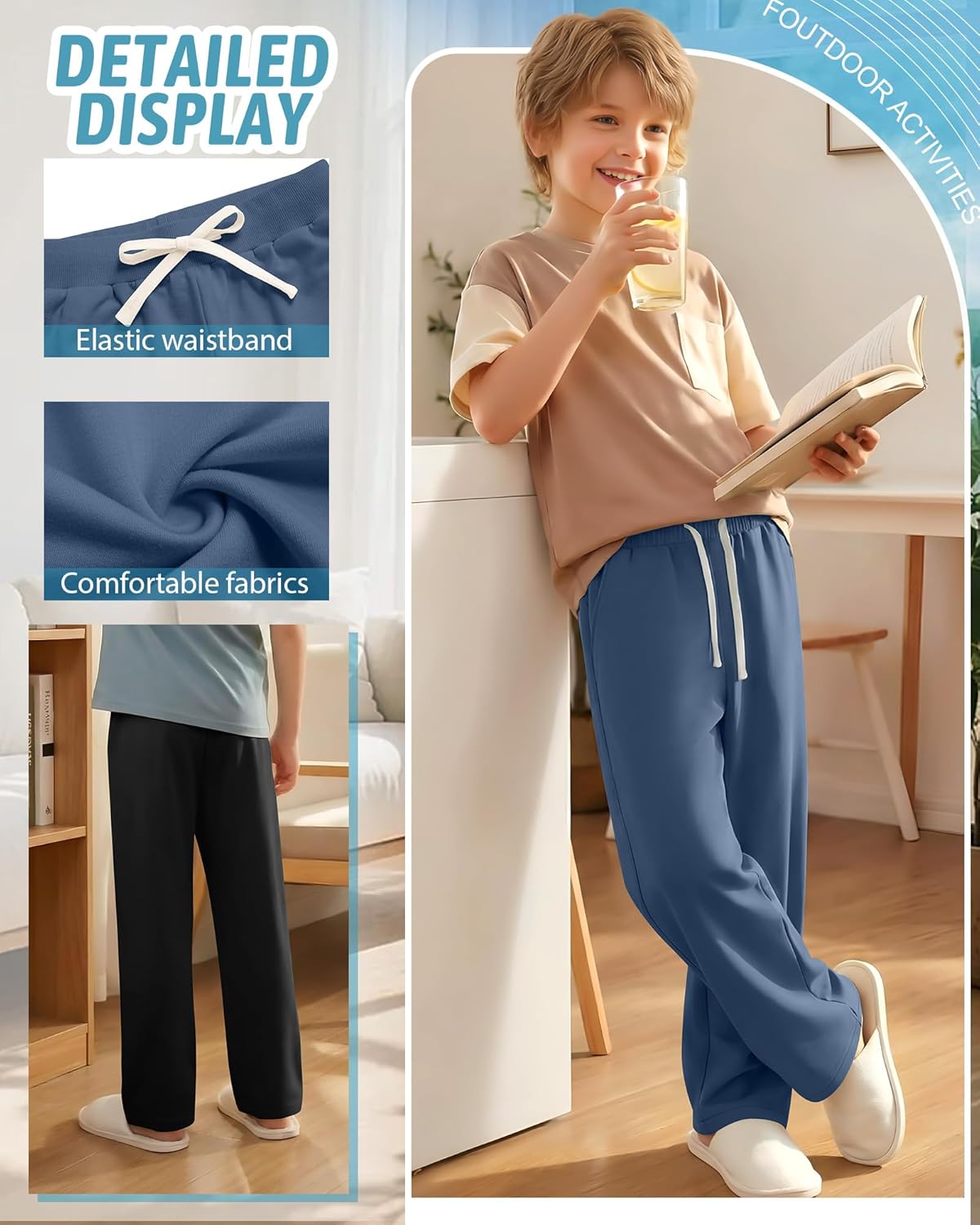 3 Pack Boys Sweatpants Kids Casual Open Bottom Pants Teen Straight Leg Athletic Drawstring Joggers with Pockets - Image 4