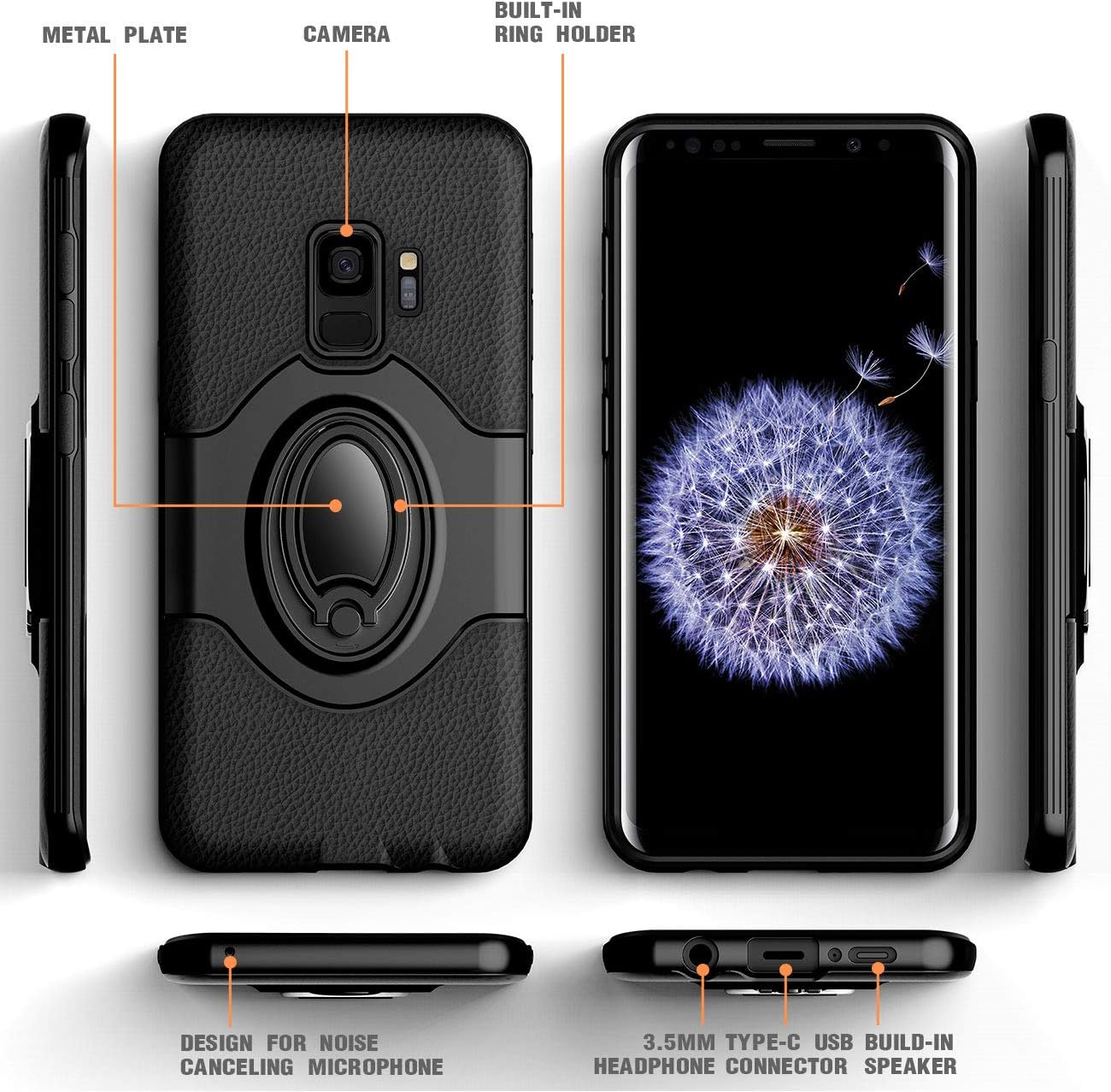 for S9 Case - eSamcore Ring Holder Kickstand Cases + Dashboard Magnetic Phone Car Mount [Black]