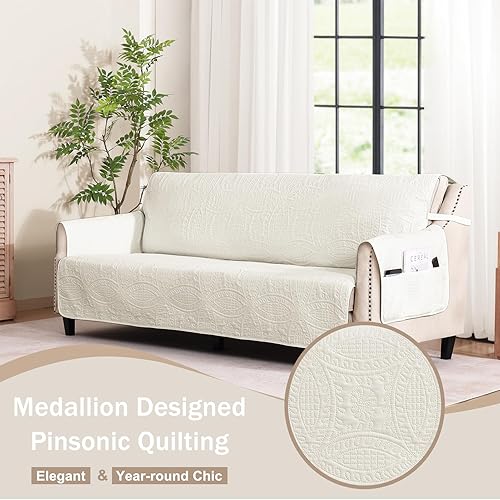Miniatura 8 de Stay in Place - Funda acolchada para sofá biplaza blanco marfil para sofá de 2 cojines, repelente al agua, fundas acolchadas para sofá biplaza,