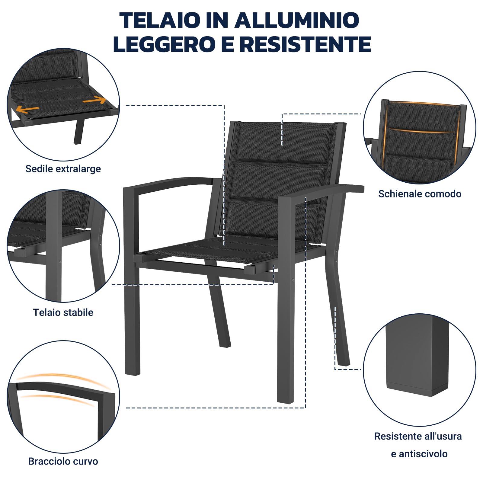 JUMMICO Sedia da Esterno - Struttura in Alluminio Robusta, Cuscino in Texlin Imbottito e Comodo, Impilabile e Riponibile sotto il Tavolo - Portata Max 160kg - Per Giardino, Cortile, Balcone