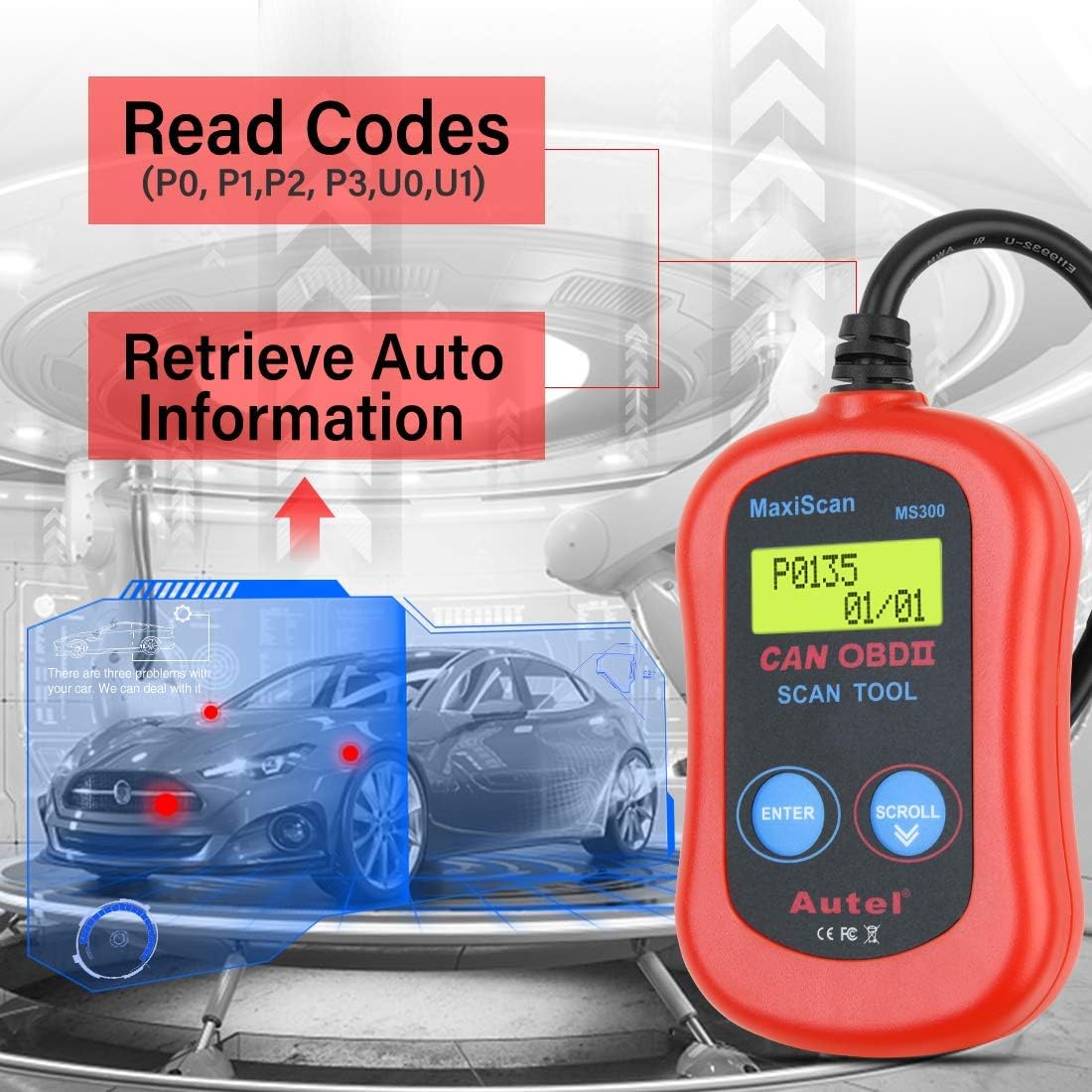 Autel MaxiScan MS300 Car OBD2 Scanner Code Reader Engine Fault Code Reader Scanner CAN Diagnostic Scan Tool for All OBD II Protocol Cars Since 1996, Red