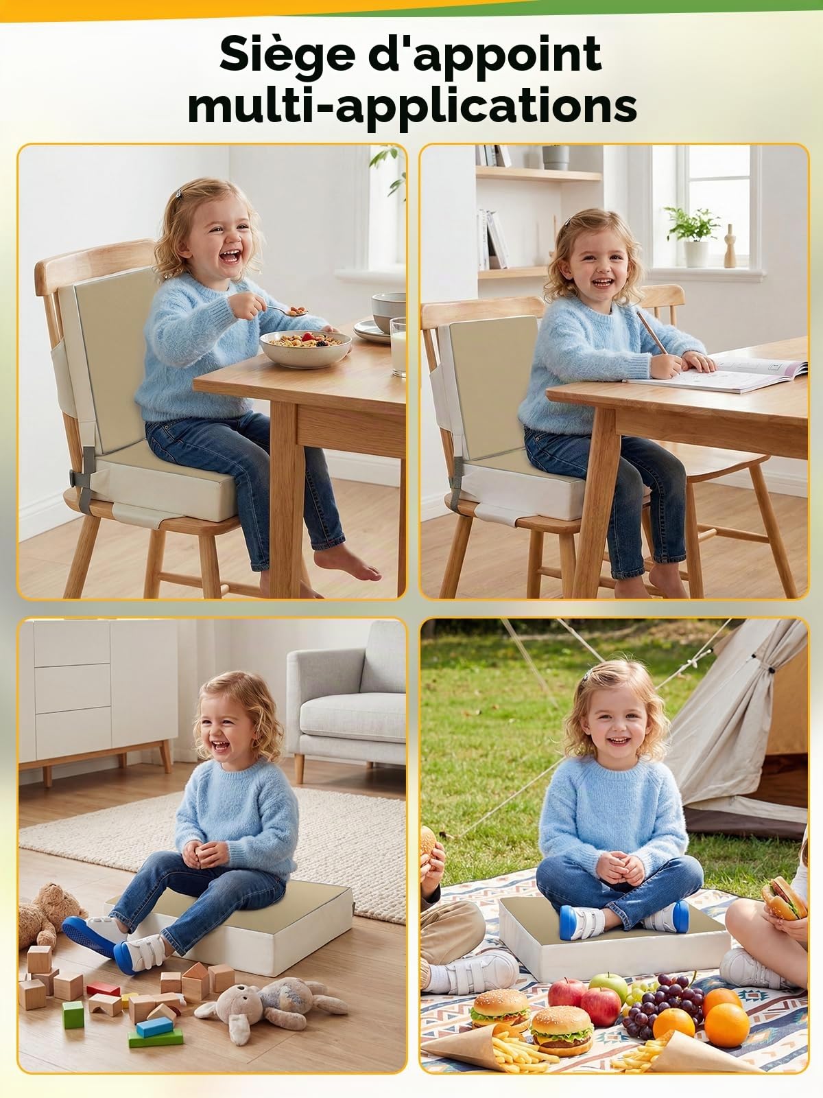 Rehausseur de chaise constitué de deux coussins - Pour enfant et bébé - En polyuréthane lavable - Avec sangles - pour enfants de plus de deux ans - Kaki