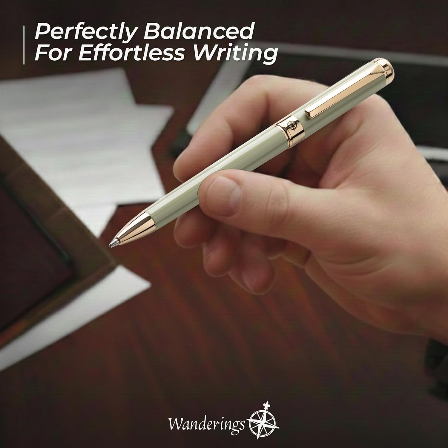 WANDERINGS Premium Ballpoint Pen with German Ink – Perfectly Balanced for a Superb Writing Experience, 24K Gold Plated Green Soft Sage Green- Includes a Schmidt Refill in a Giftable Presentation Case