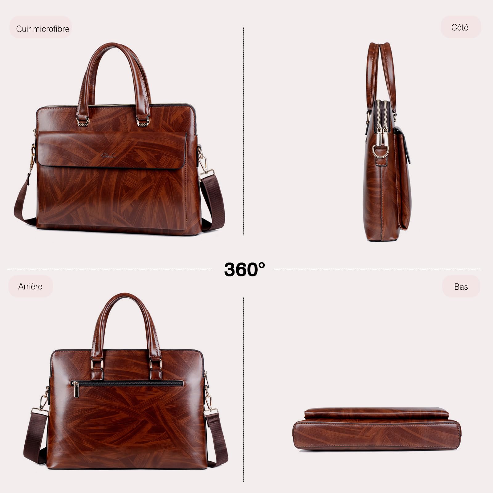 FANDARE Rétro Mallette Sacs pour 12.9 Pouces ordinateur portable Sacoches Homme cuir à grain de bois classique Porte-documents Cartable Serviette Portefeuille Sac messenger pour bureau, voyages