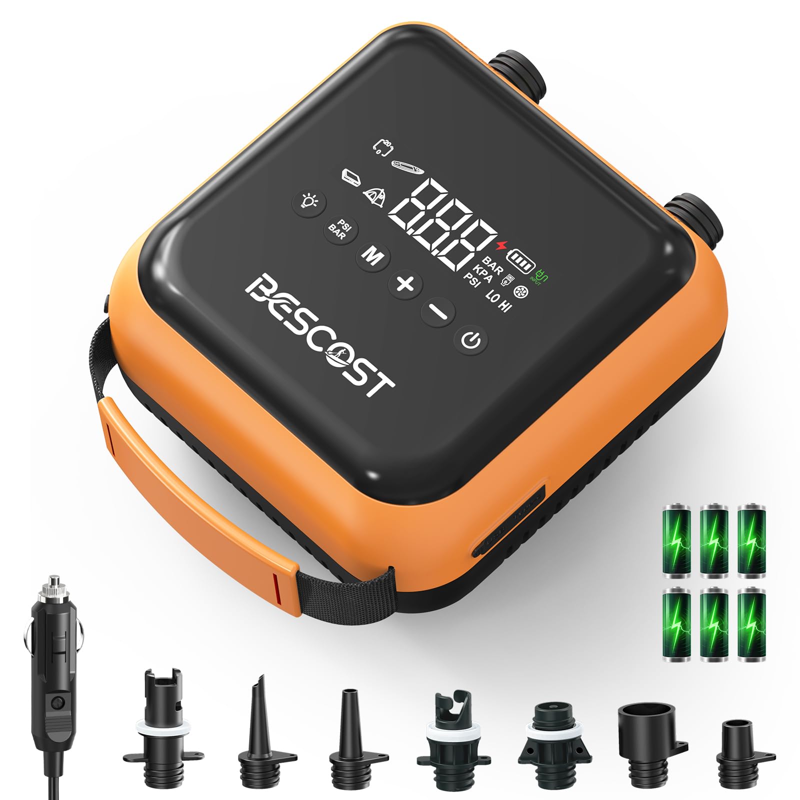 BESCOST Pompa Elettrica SUP 20PSI, Gonfiatore Elettrico Portatile, Gonfiaggio 7 Min, Doppio Motore, Ricaricabile + 12V Auto, Arresto Automatico, 7 Adattatori, per Paddle Board Kayak Gommone