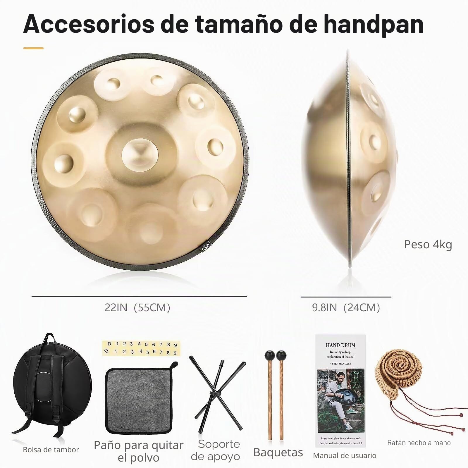 Handpan 22 Pulgadas 9/10 Notas Tambor de Acero, 432/440 Hz Re Menor Percusión de Tambor Golden Handpan para Sanación con Sonido, Yoga (10 Notas-440Hz)
