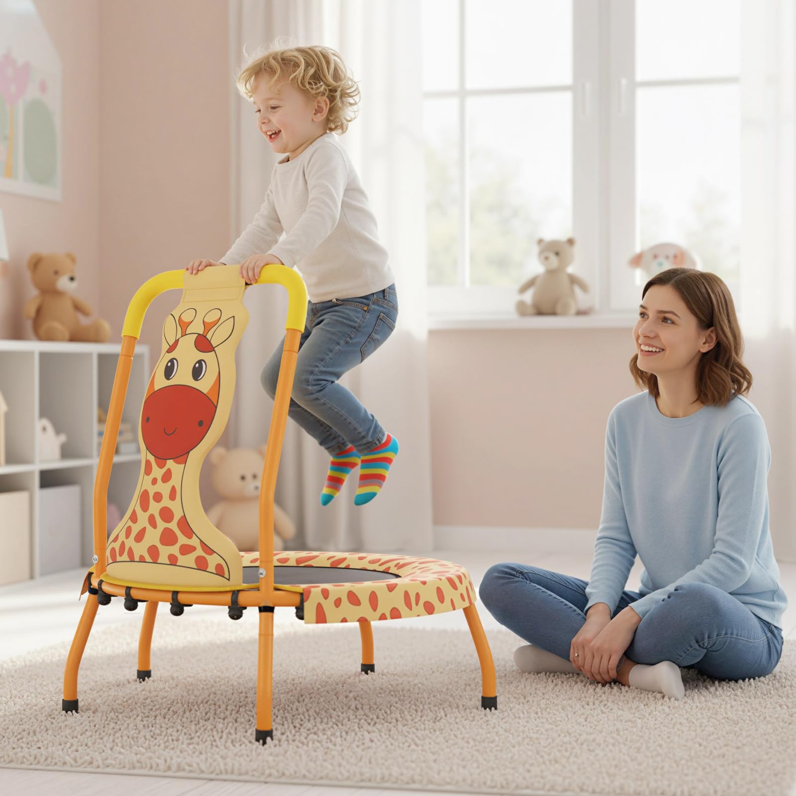COSTWAY Mini Trampolino per Bambini, Tappetino Elastico da Esterno ed Interno con Maniglia Rivestita, Copertura Imbottita e Cuscinetti Antiscivolo, Salta Salta per Bambini 3-6 Anni