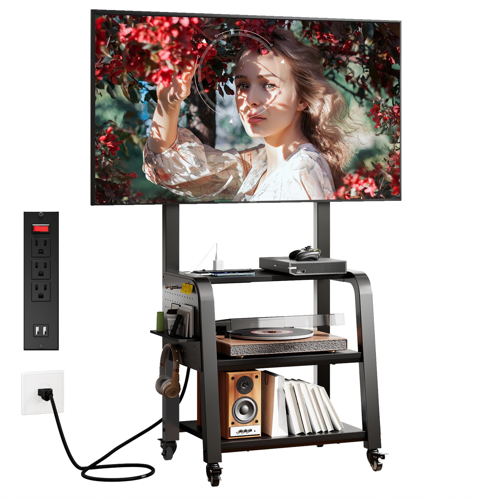 Wooden Base Rolling TV Stand with Power Outlet for 37-75 inch TVs up to 132 lbs, Mobile TV Stand with 3-Tier Storage Shelf & Pegboard, Height