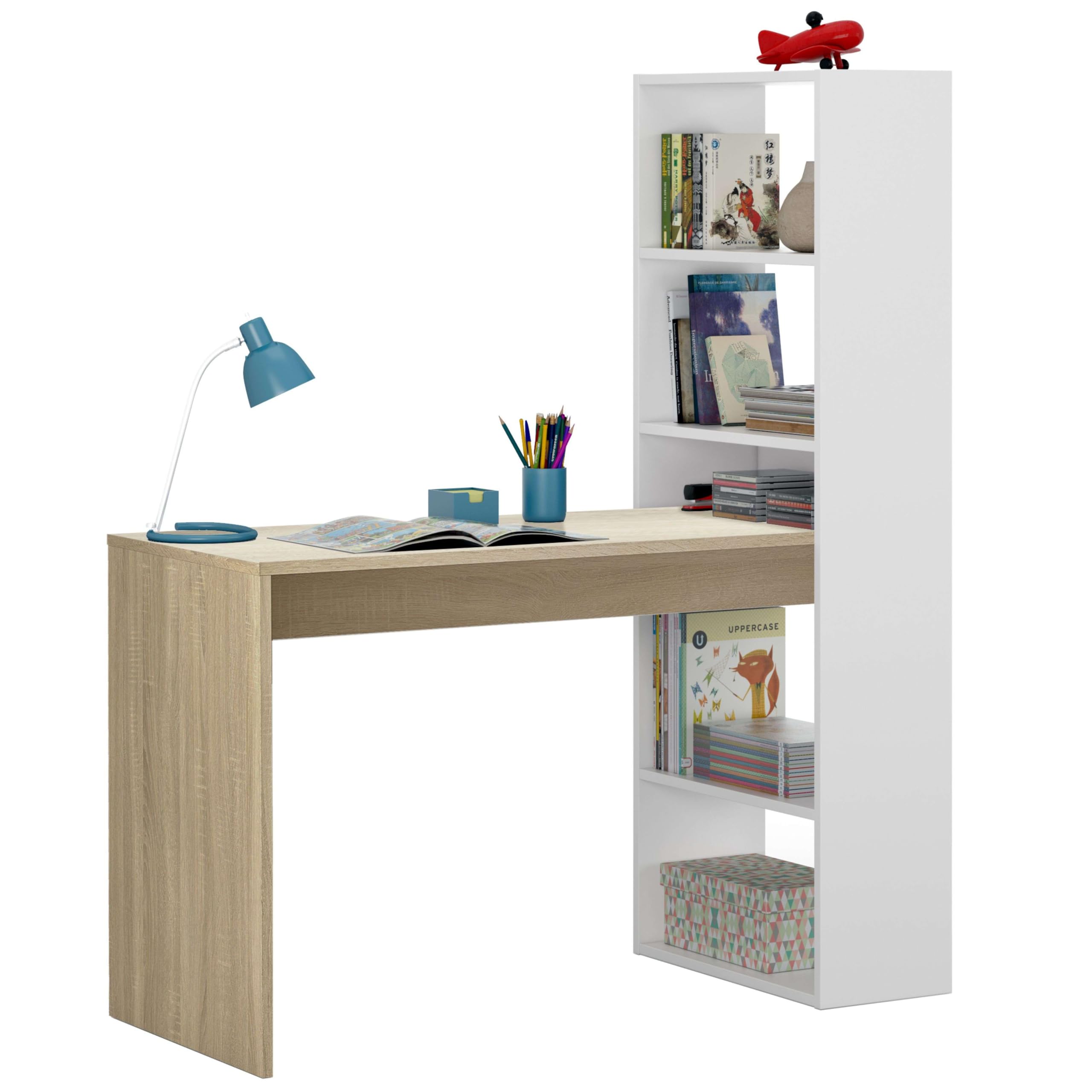 Habitdesign Escritorio con Estanteria Reversible, Mesa de Ordenador, Blanco Artik y Roble Canadian, Modelo Duplo, Medidas: 120 cm (Ancho) x 53 cm (Fondo) x 144 cm (Alto)
