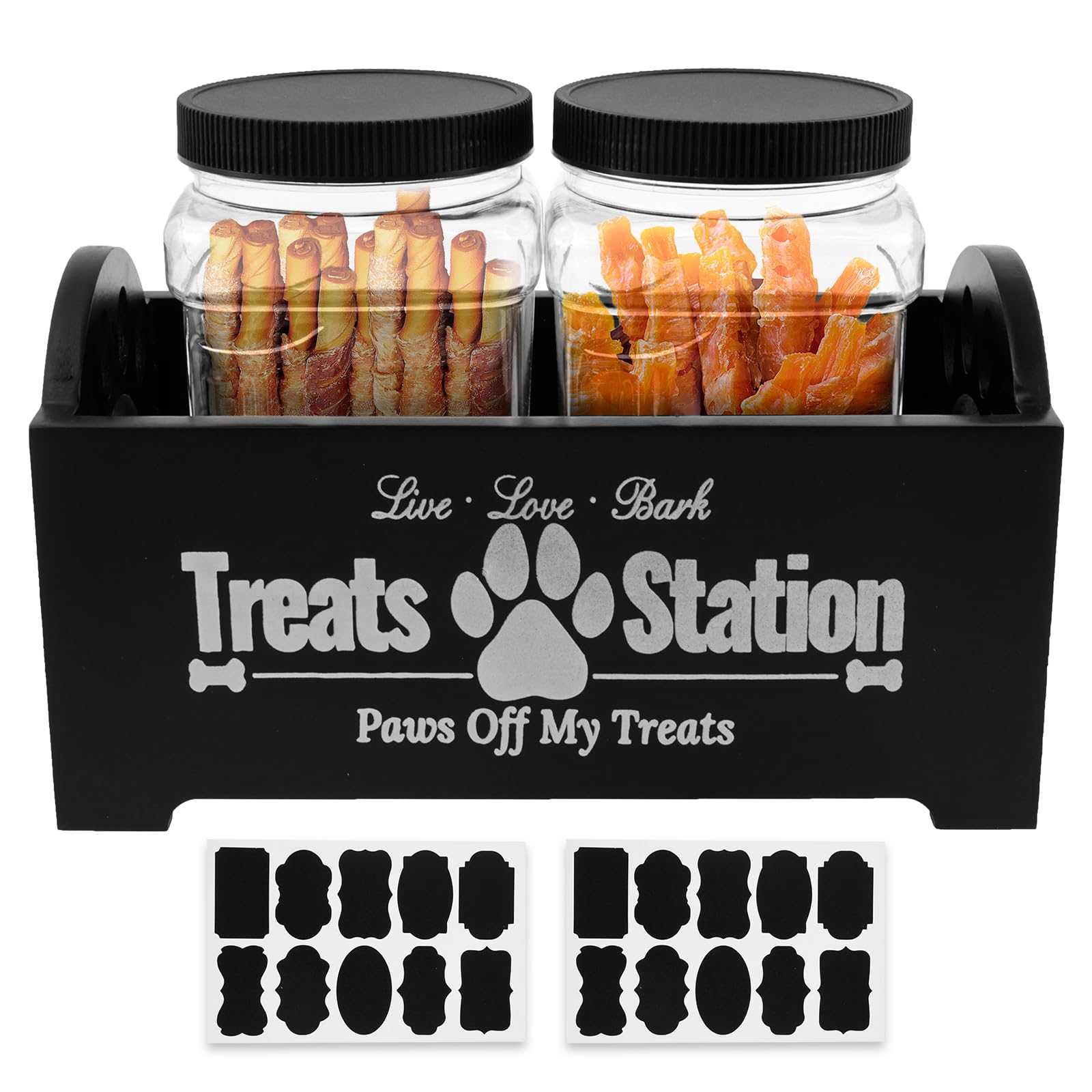 ATopoler Dog Treat Container,Wooden Dog Food Storage with 2 Plastic Jars Cute, Reusable Dogss Cookie Treat Organizer,Food Holder for Pet Owners and Lovers (black)