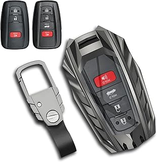 for Toyota Key Fob Cover with Keychain Premium Metal Shell Leather Lining Full Protection Toyota Keychain for 2018-2022 Camry RAV4 Highlander Avalon C-HR Prius Corolla GT86 Smart Key (Gray)