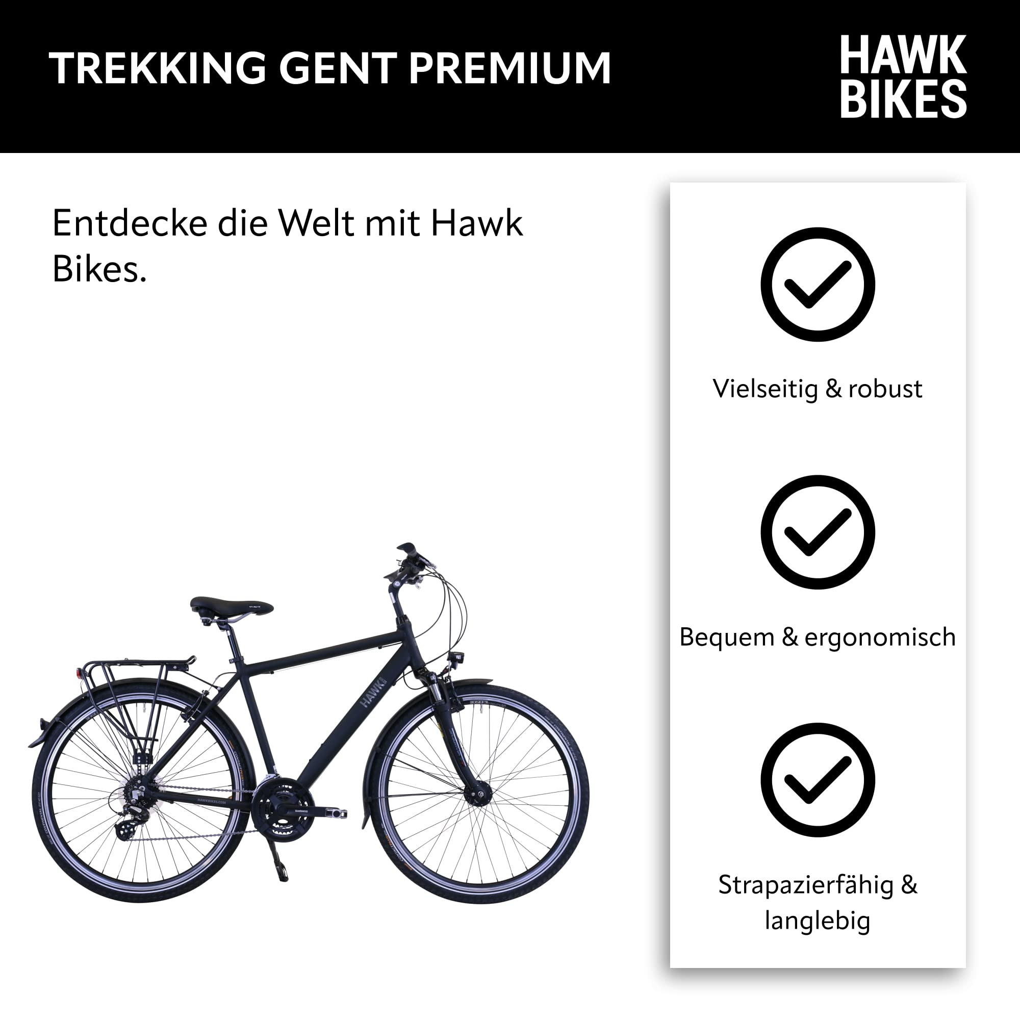 HAWK Trekking Gent Premium Fahrrad Herren I Tolles Trekkingrad mit Microshift 24 Gang Kettenschaltung & LED Beleuchtung I Allrounder I Schwarz