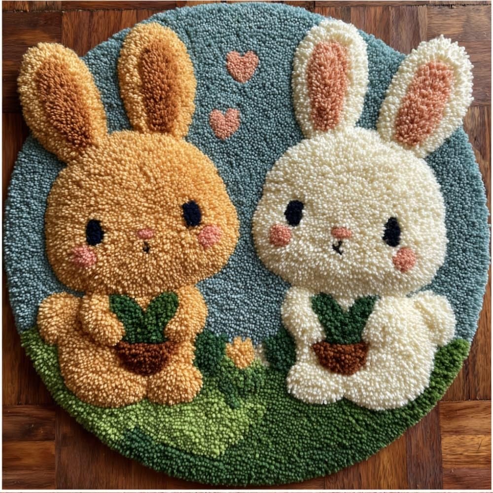 kitphoenix DIY Latch Hook Rug Kits Rabbit Easy for Beginners Round Carpet Crochet Yarn Craft Large Rug Hook and Latch Tapestry for Home Decor 50X50Cm