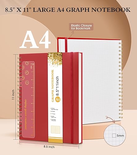 Vista 93 de Cuaderno de papel cuadriculado, cuaderno en espiral de 8.5 x 11 pulgadas, cuadernos de cuadrícula grande A4 para mujeres y hombres, papel gráfico