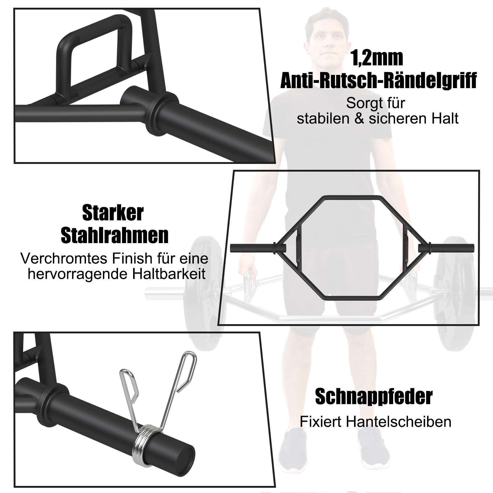 COSTWAY Trap Bar, 142 cm Hantelstange mit 2 Federverschlüsse & klappbarem Griff, Hex Bar 25/50mm Aufnahme, Olympic Bar für Kniebeugen Kreuzheben